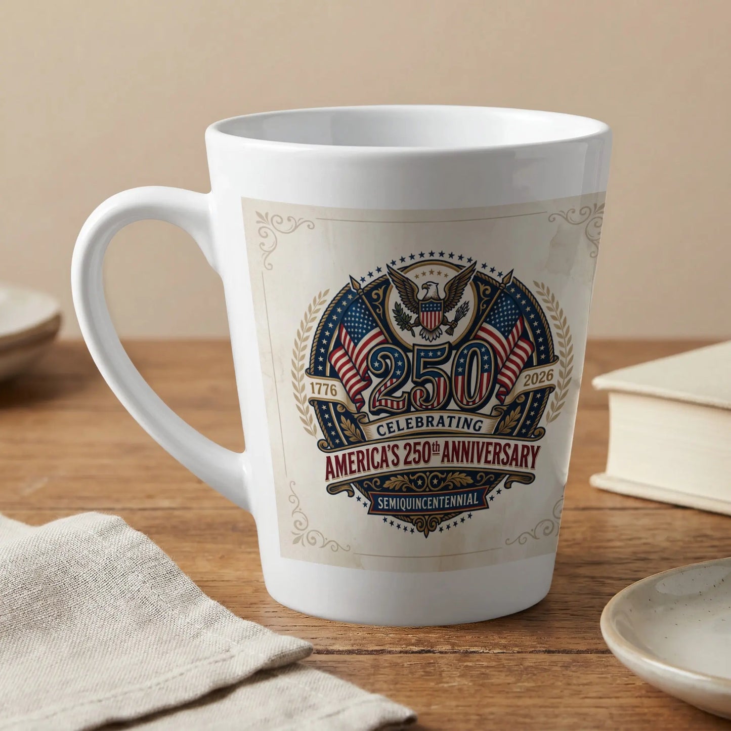 White mug celebrating America's 2026 250th Anniversary with eagle and flags.