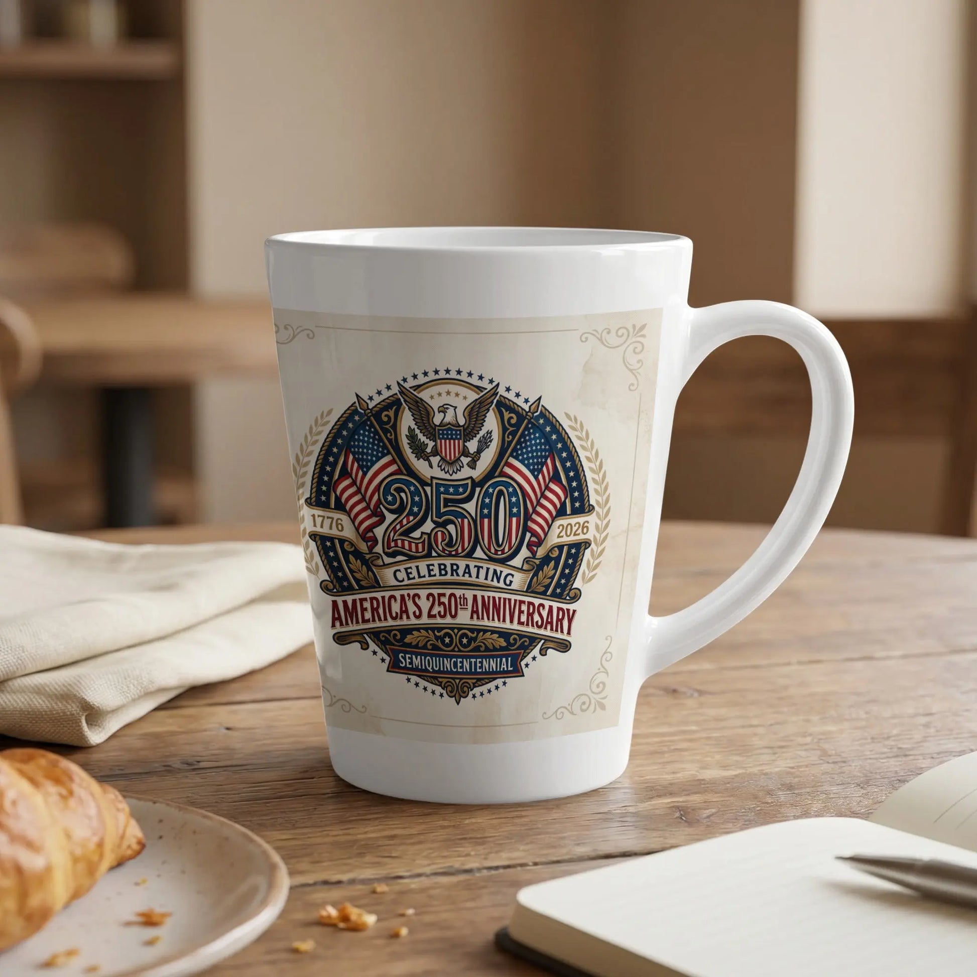 White mug with "America's 250th Anniversary" celebrating the semiquincentennial.