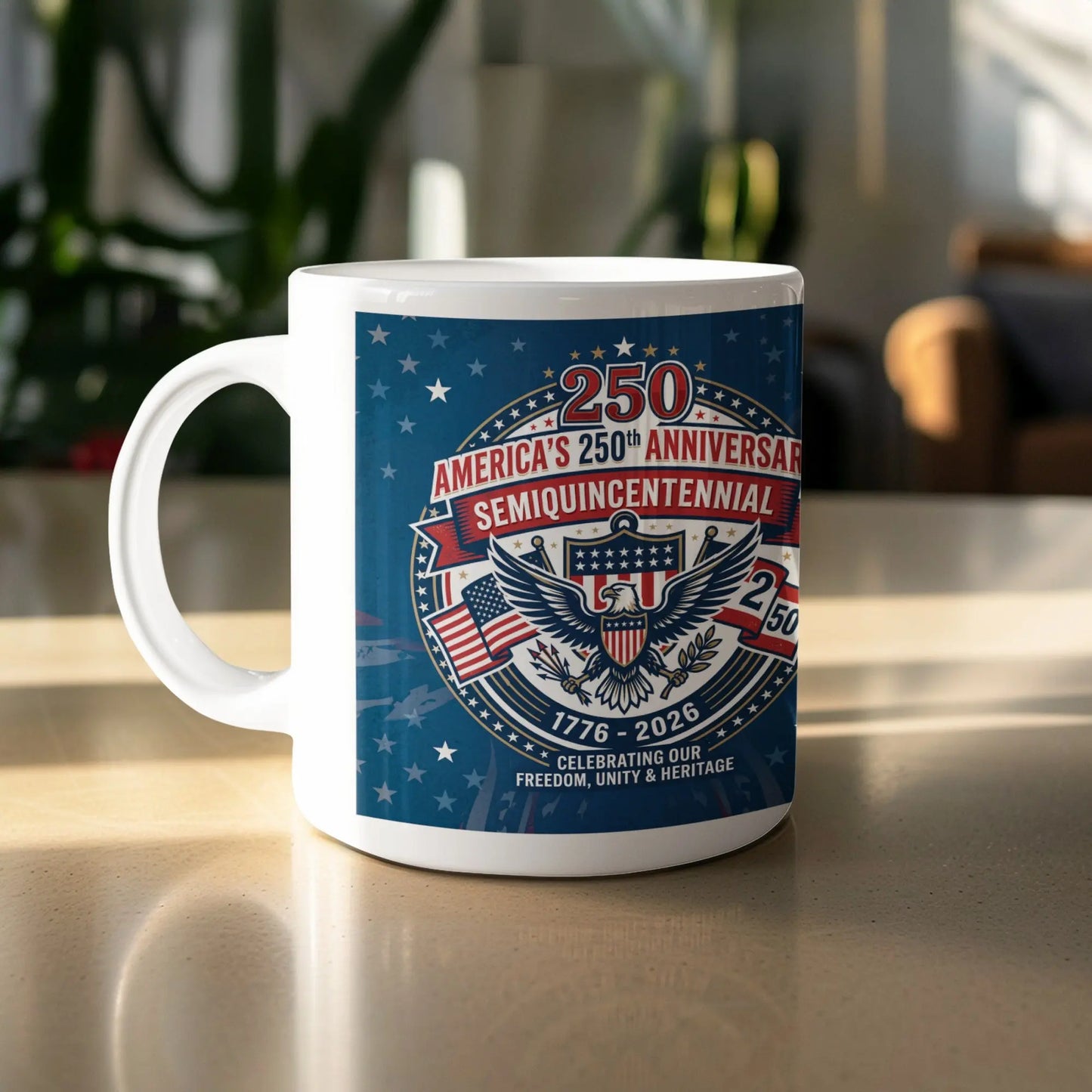 White mug with America's 250th Semiquincentennial 1776-2026 design.
