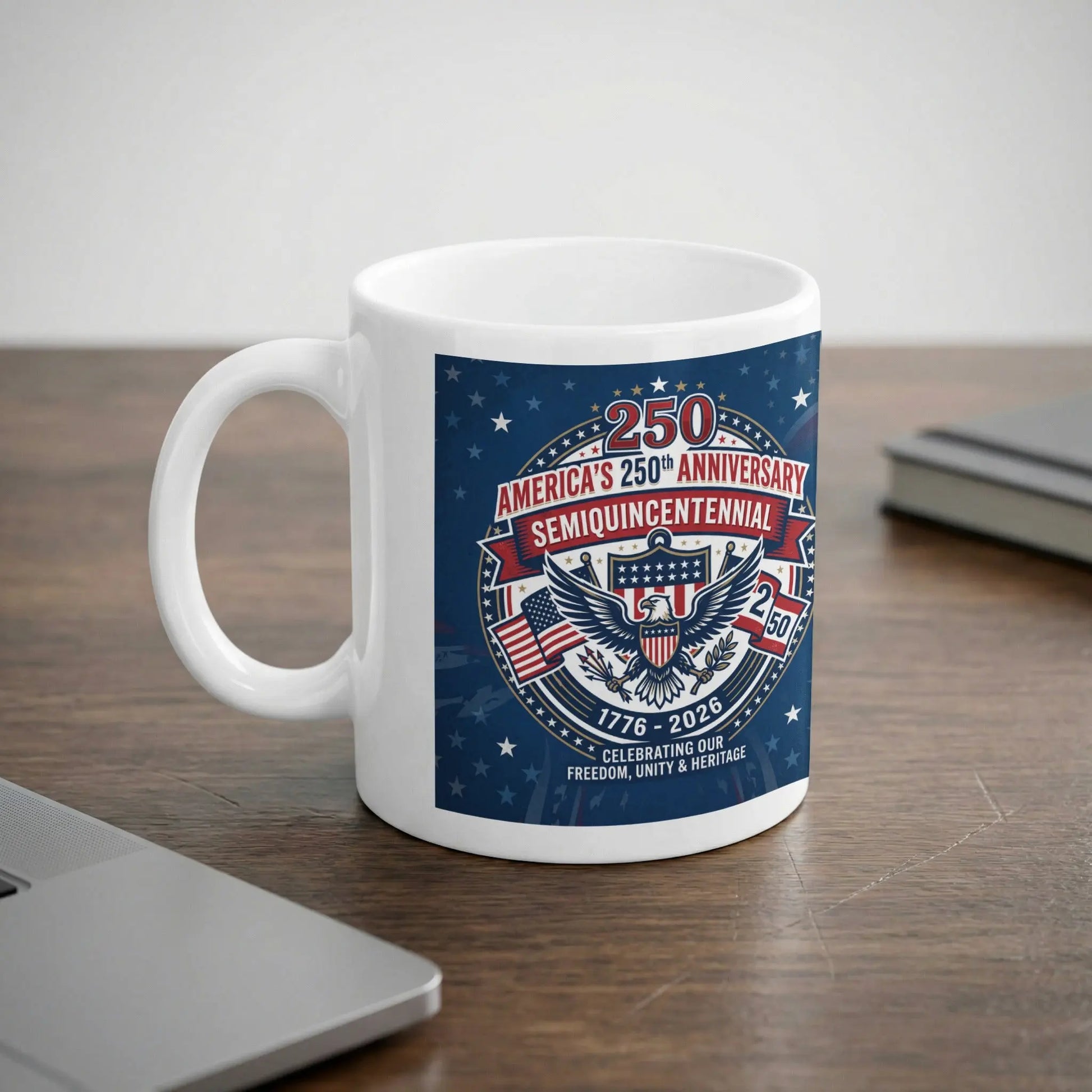 White mug with America's 250th Semiquincentennial logo celebrating freedom, unity, and heritage.