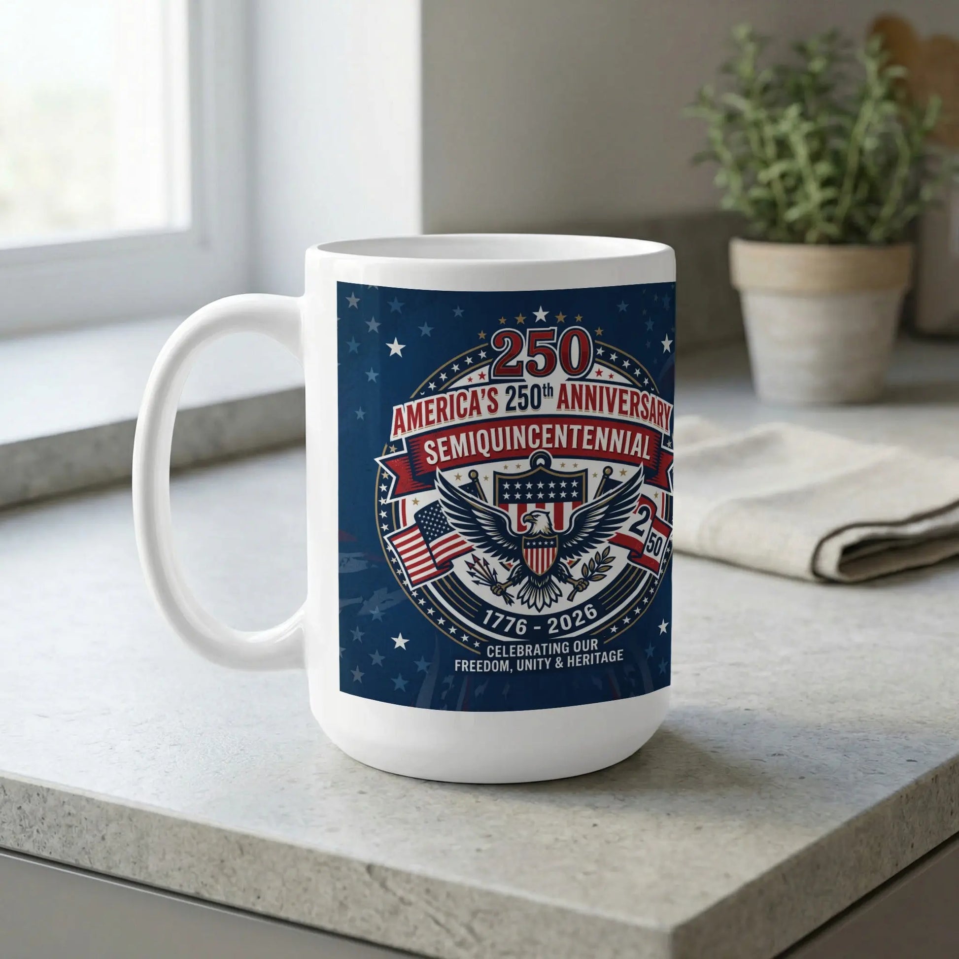 White mug with America's 250th Anniversary design, featuring eagle and flags.
