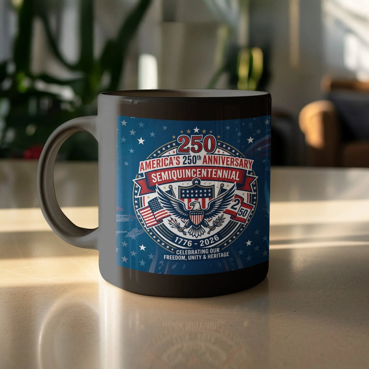 Mug with "America's 250th Anniversary Semiquincentennial 1776-2026" and eagle.