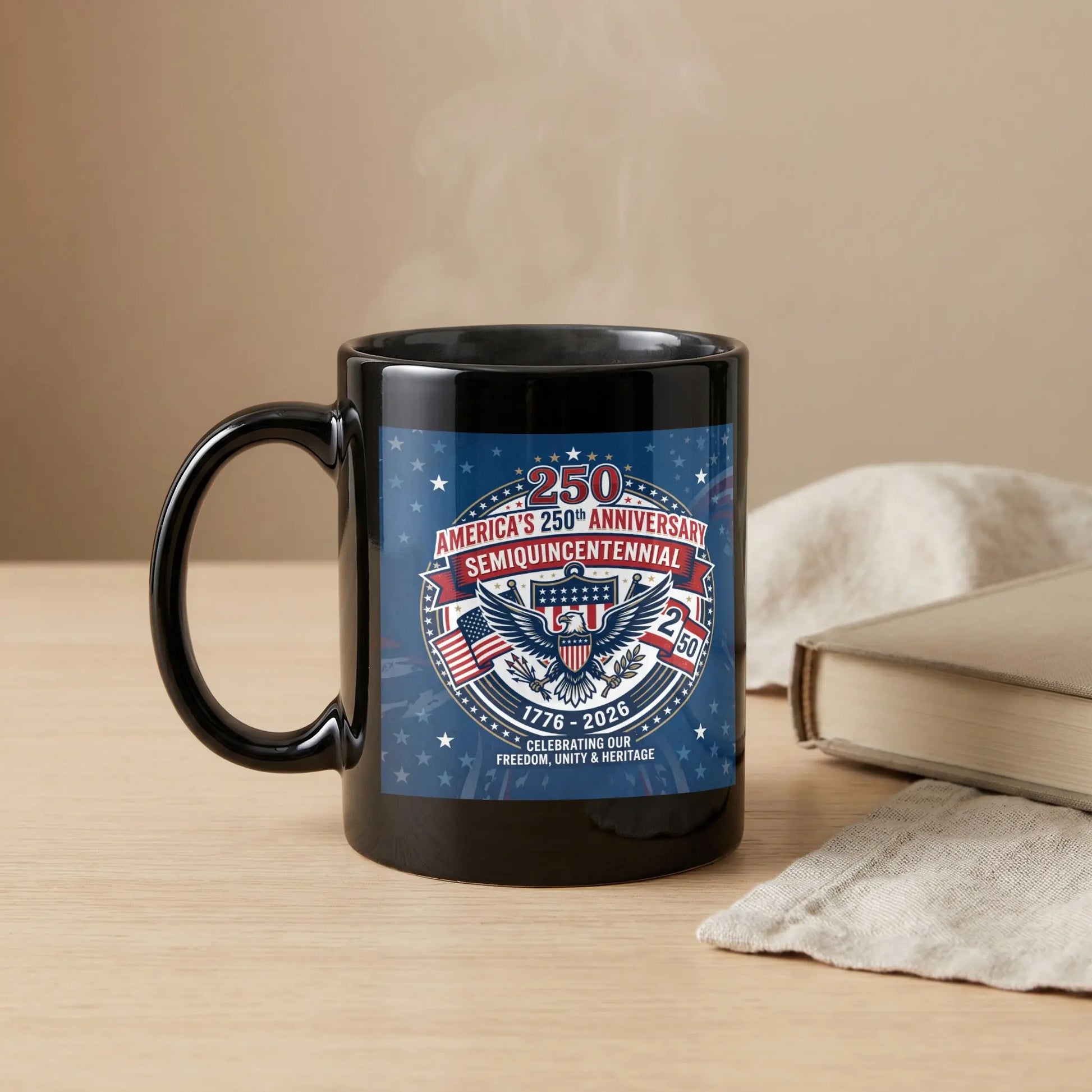 Black mug with America's 250th Anniversary design featuring eagle and flags.