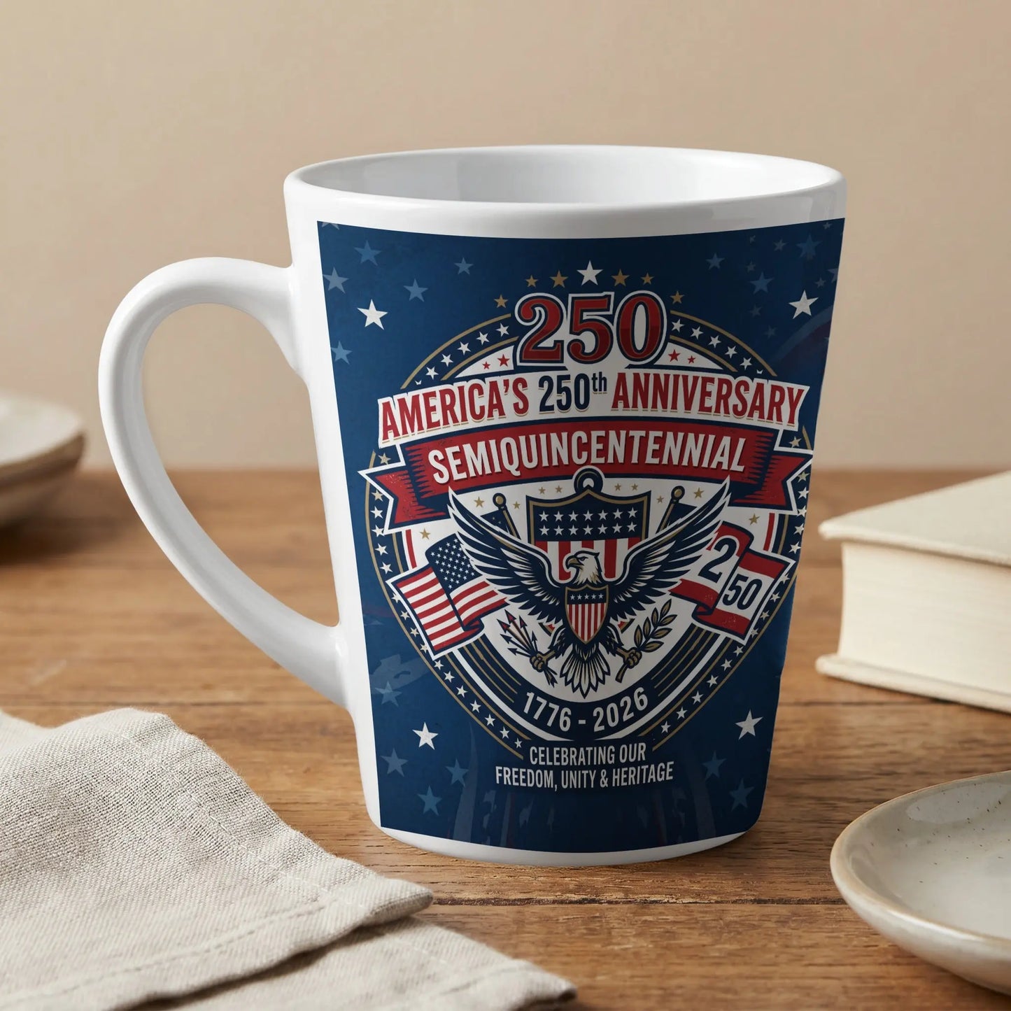 White mug with America's 250th Anniversary design featuring an eagle, flags, and text.