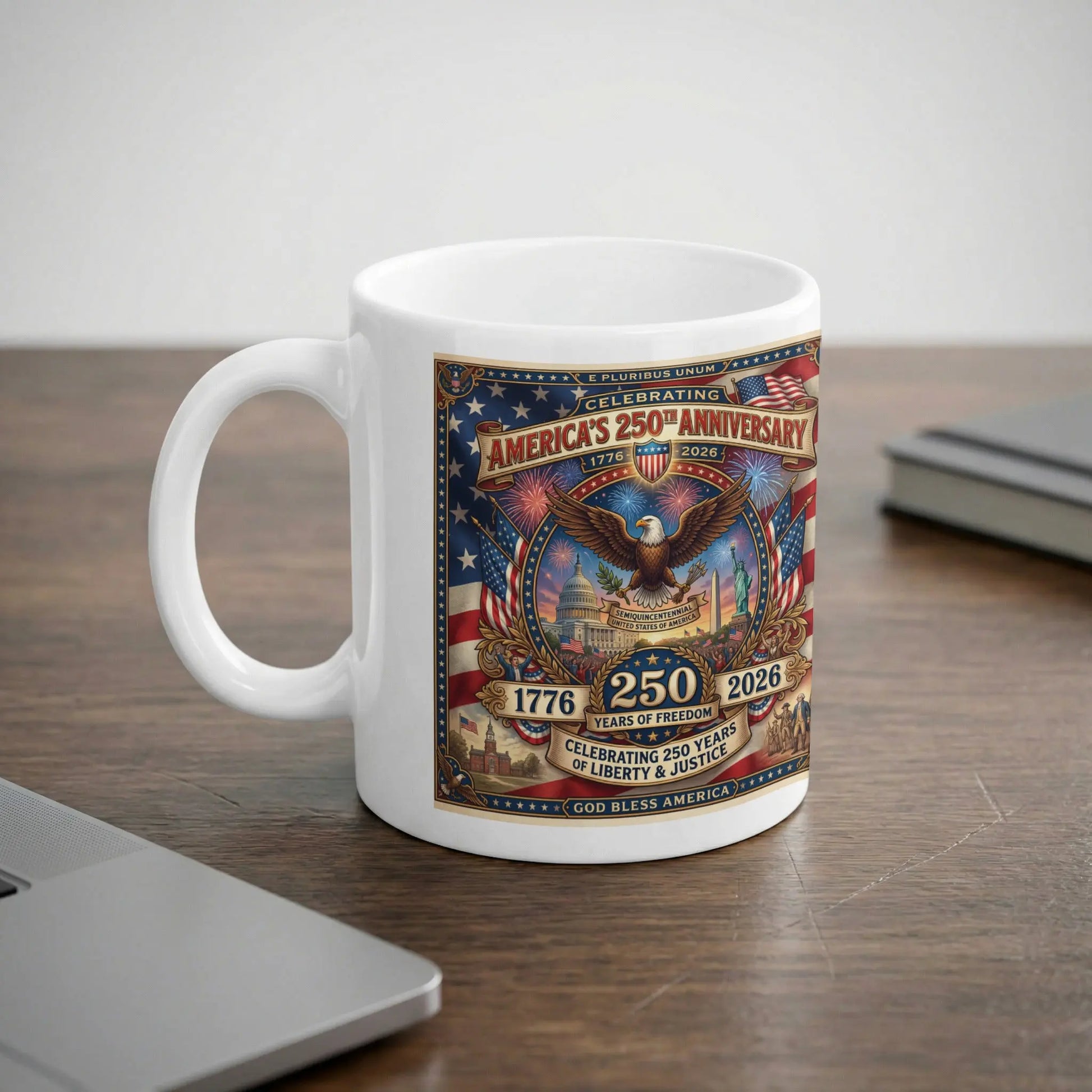 White mug with America's 250th Anniversary patriotic design.
