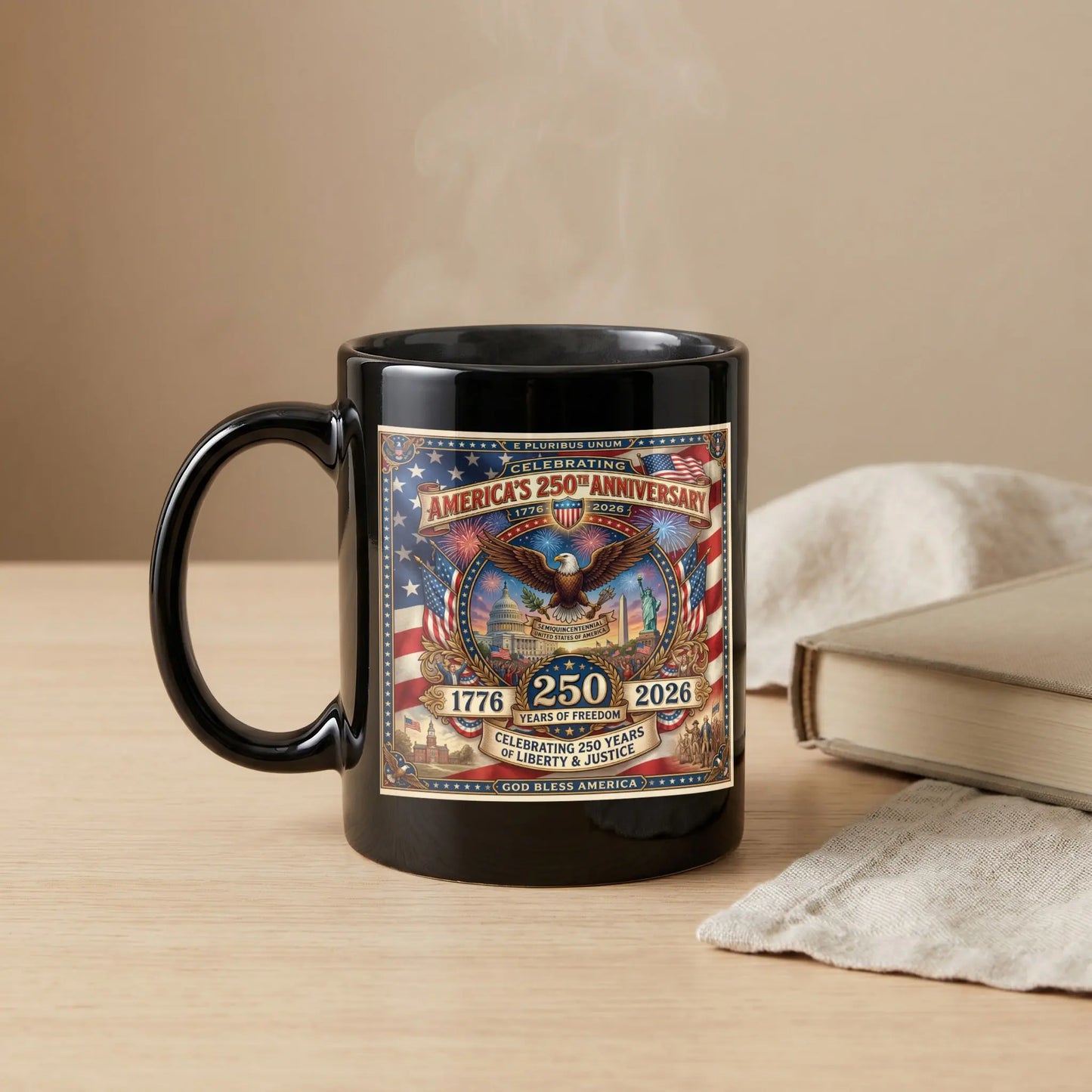 Black mug celebrating America's 250th Anniversary with eagle, Capitol, and Statue of Liberty.