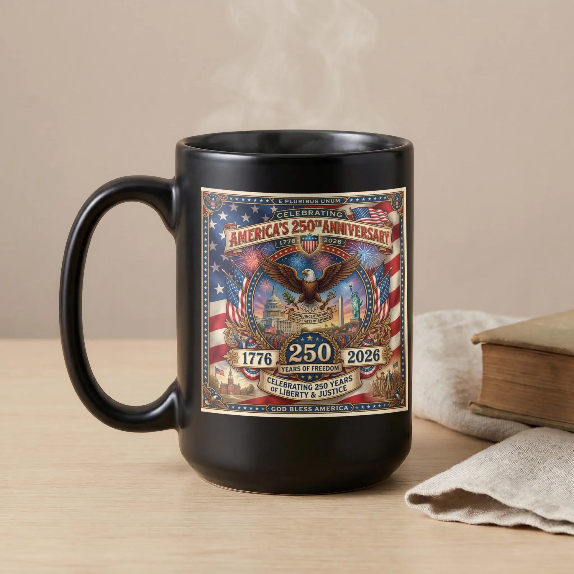 Black mug celebrating America's 250th anniversary with patriotic imagery.