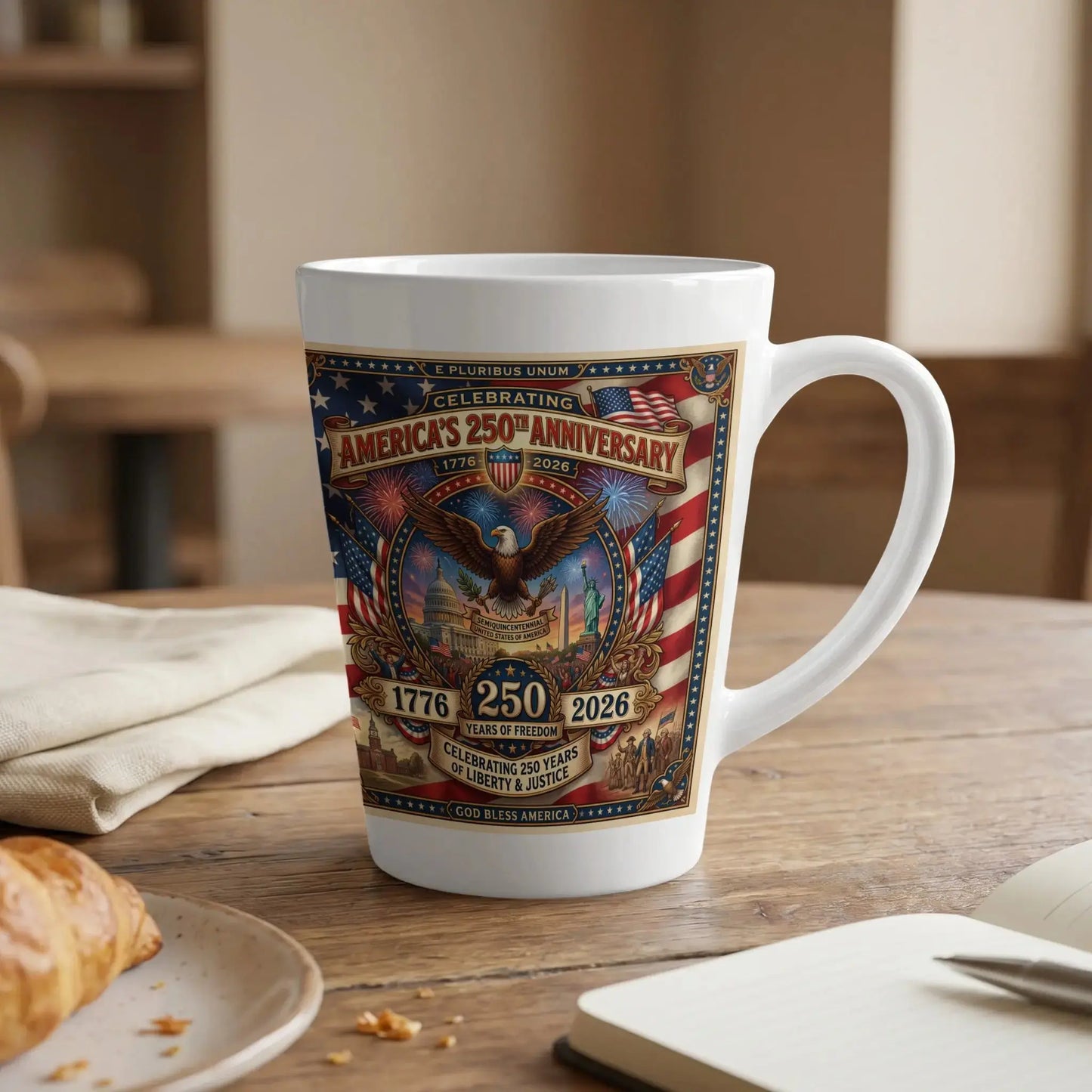 White mug celebrating America's 250th Anniversary with eagle, Capitol, Statue of Liberty.