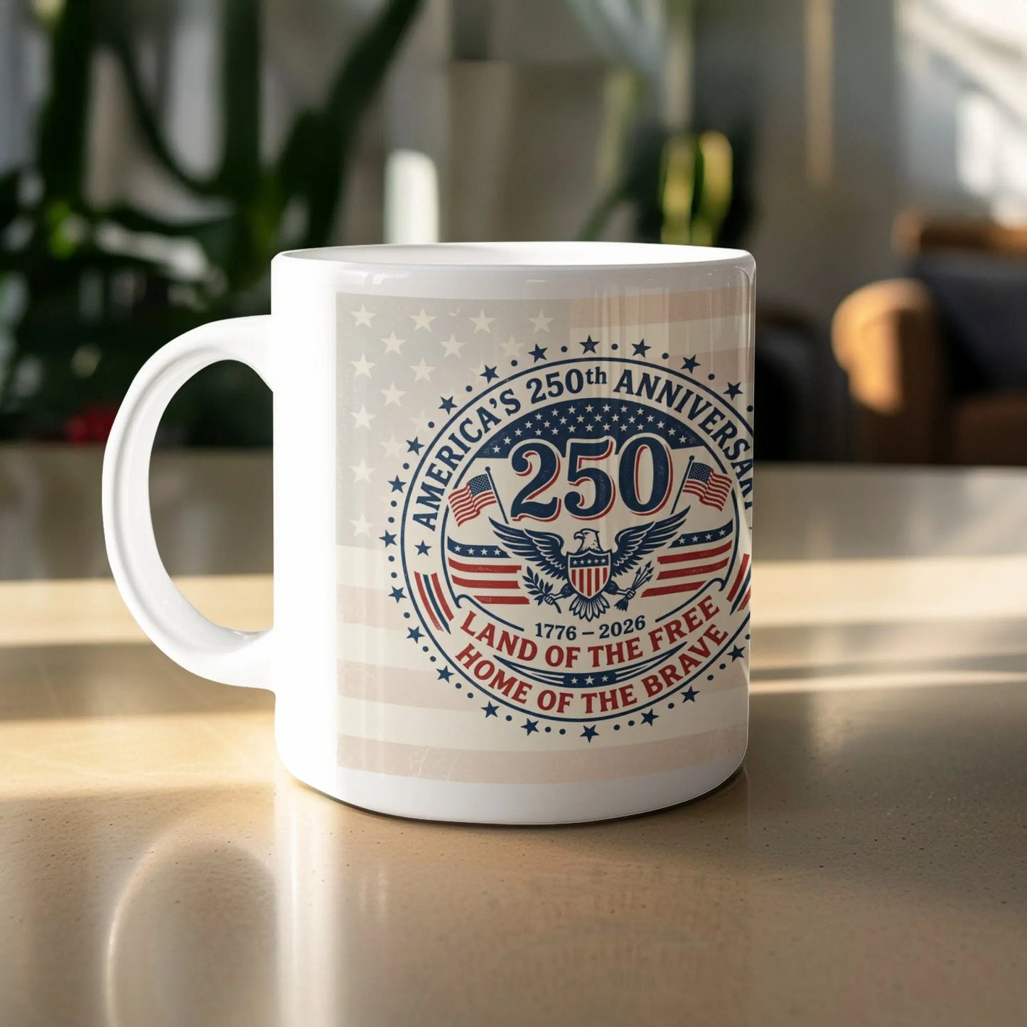 White mug with America's 250th Anniversary design, Land of the Free.