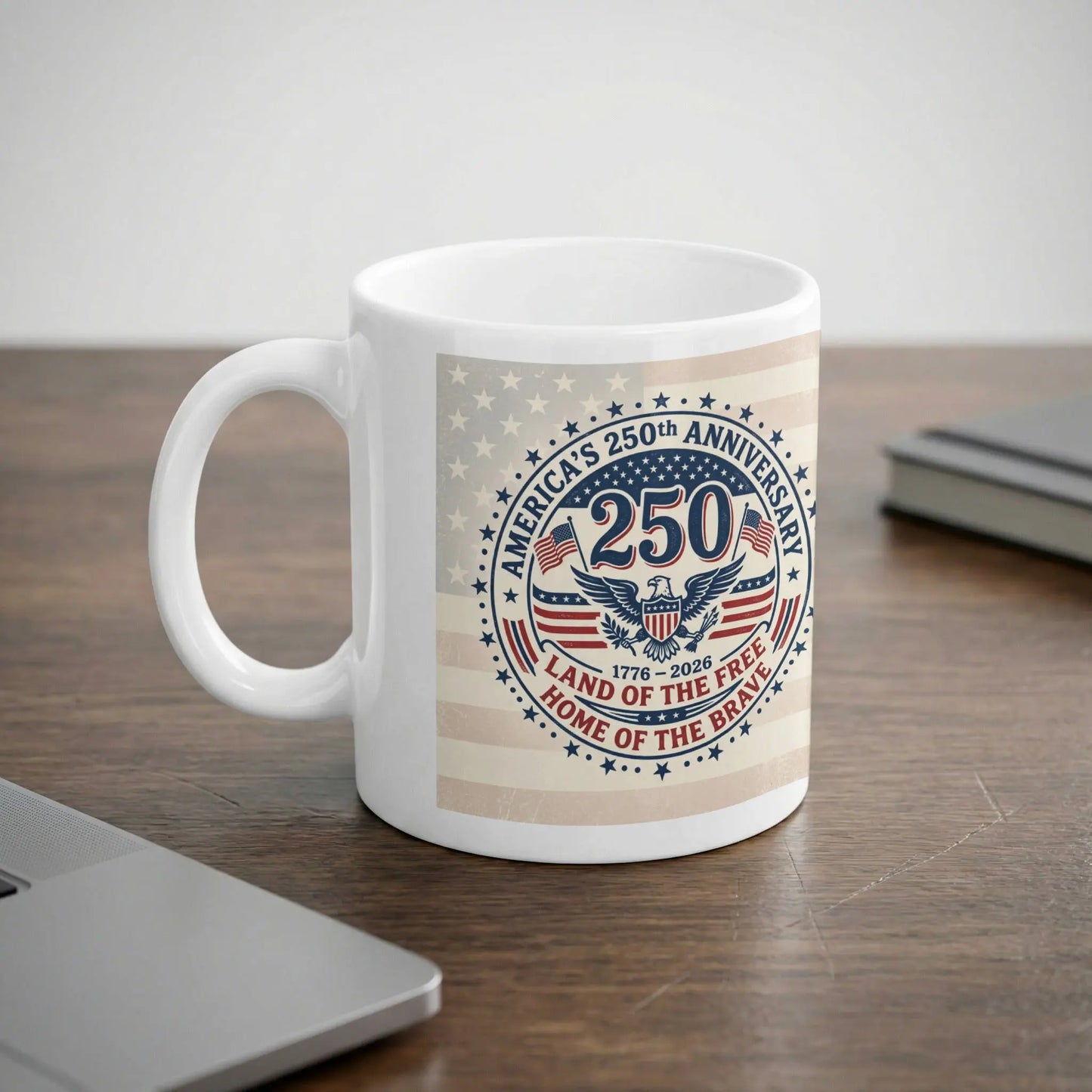 White mug with America's 250th Anniversary logo and patriotic eagle.