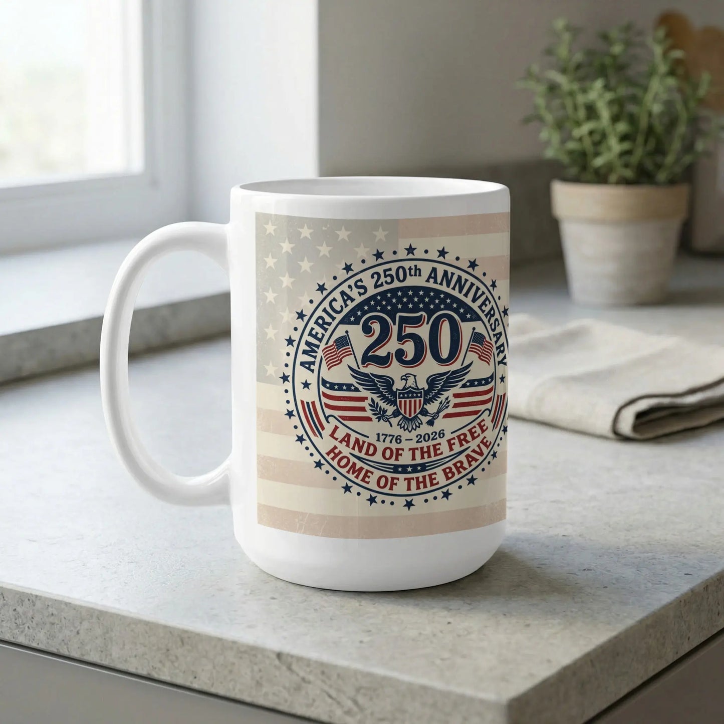 America's 250th Anniversary mug with eagle and patriotic text.
