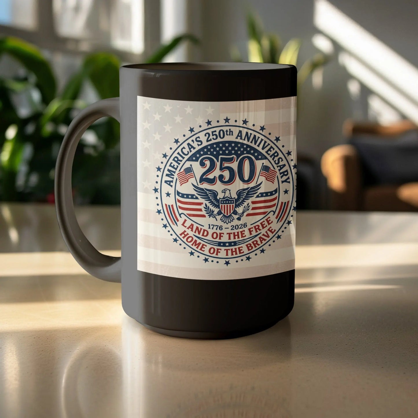 Mug featuring "America's 250th Anniversary" emblem with eagle and American flags.