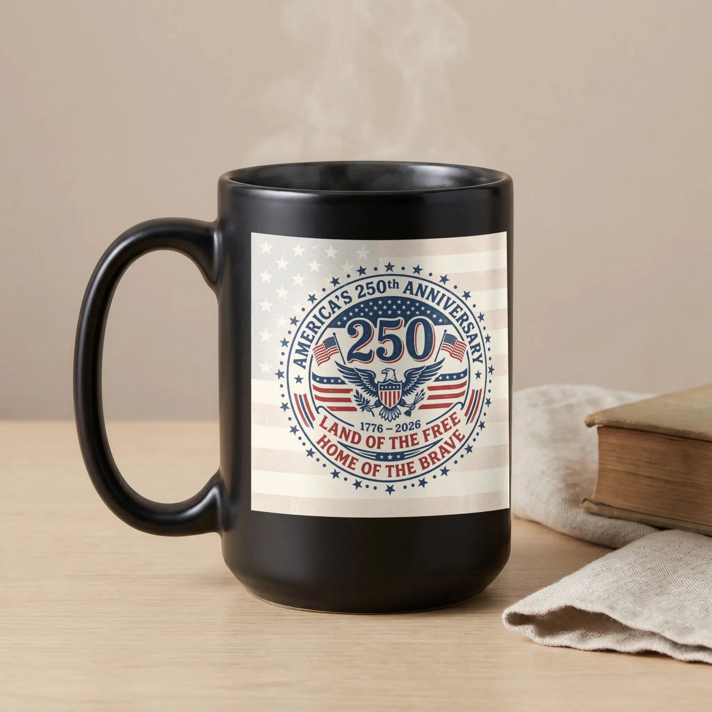 Black mug with America's 250th Anniversary patriotic emblem and text.