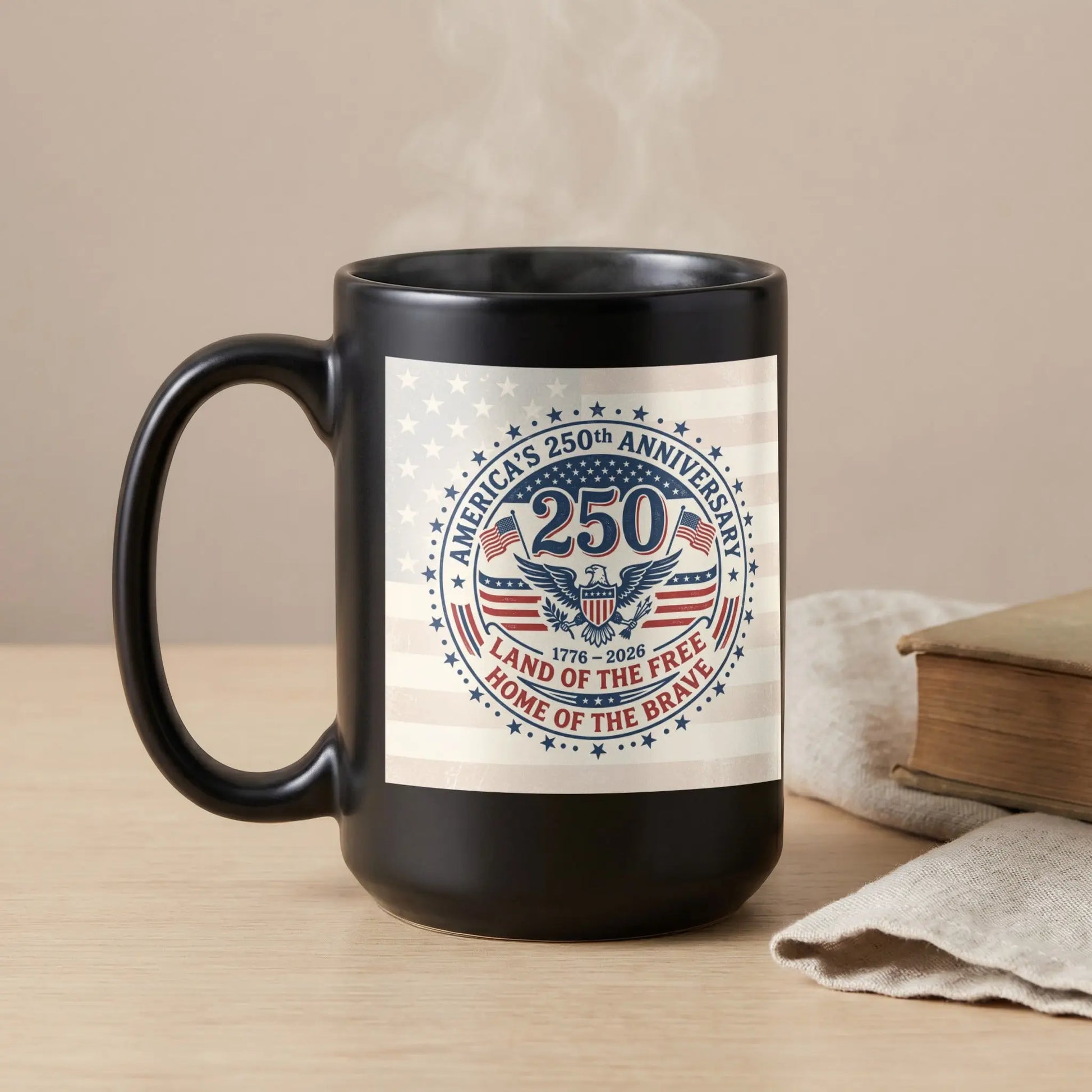 Black mug with America's 250th Anniversary patriotic emblem and text.