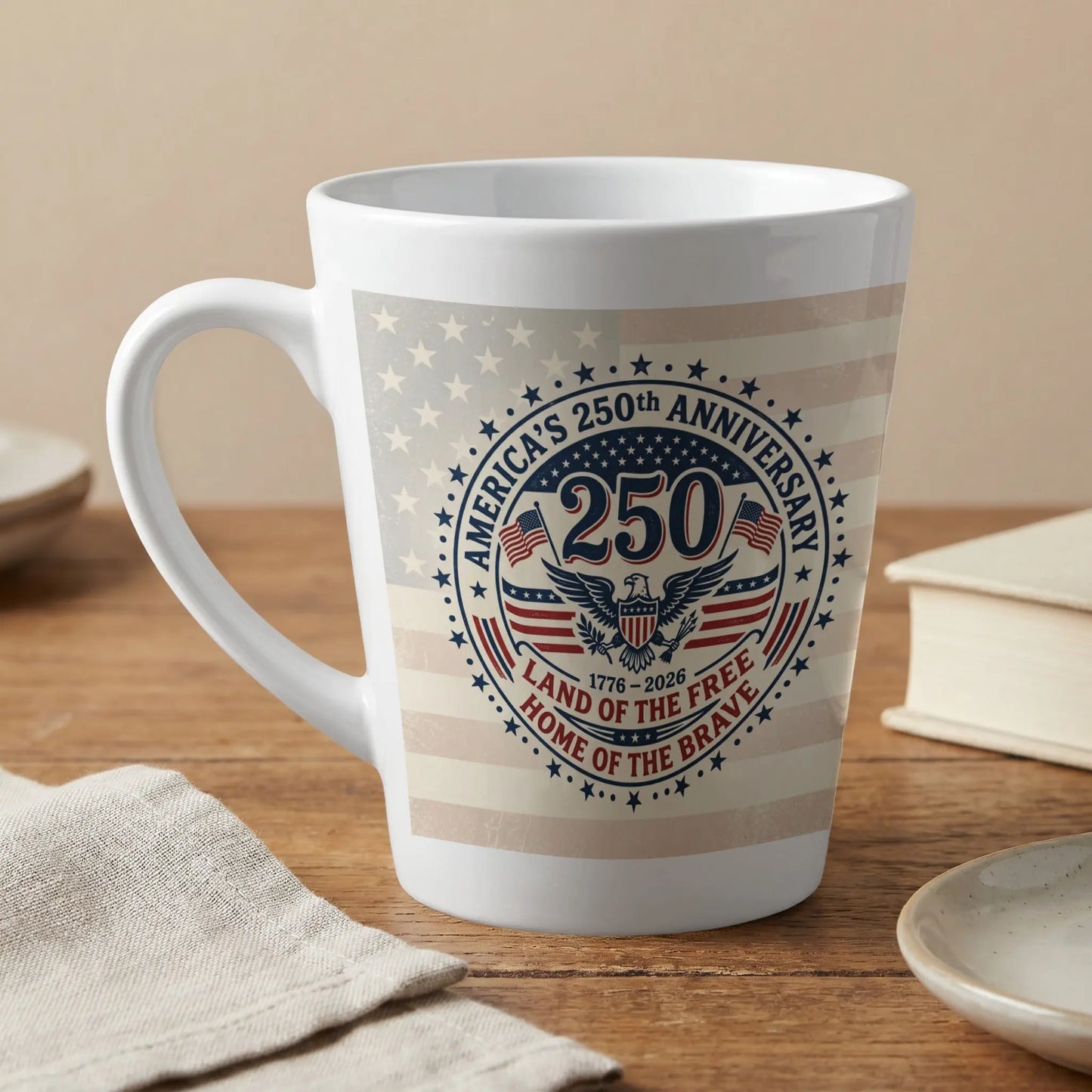 White mug with patriotic design celebrating America's 250th Anniversary.