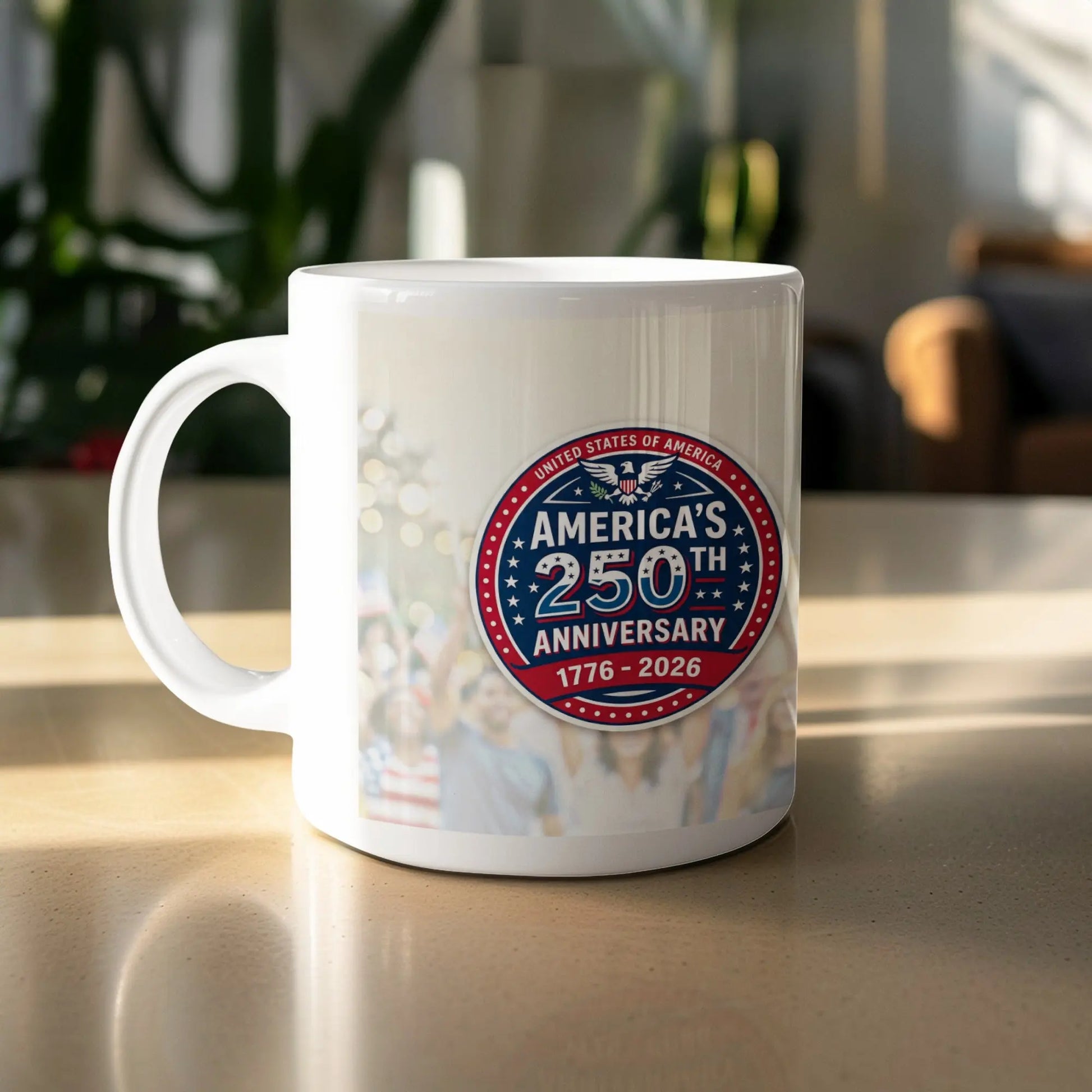 White mug featuring America's 250th Anniversary logo with dates 1776-2026.