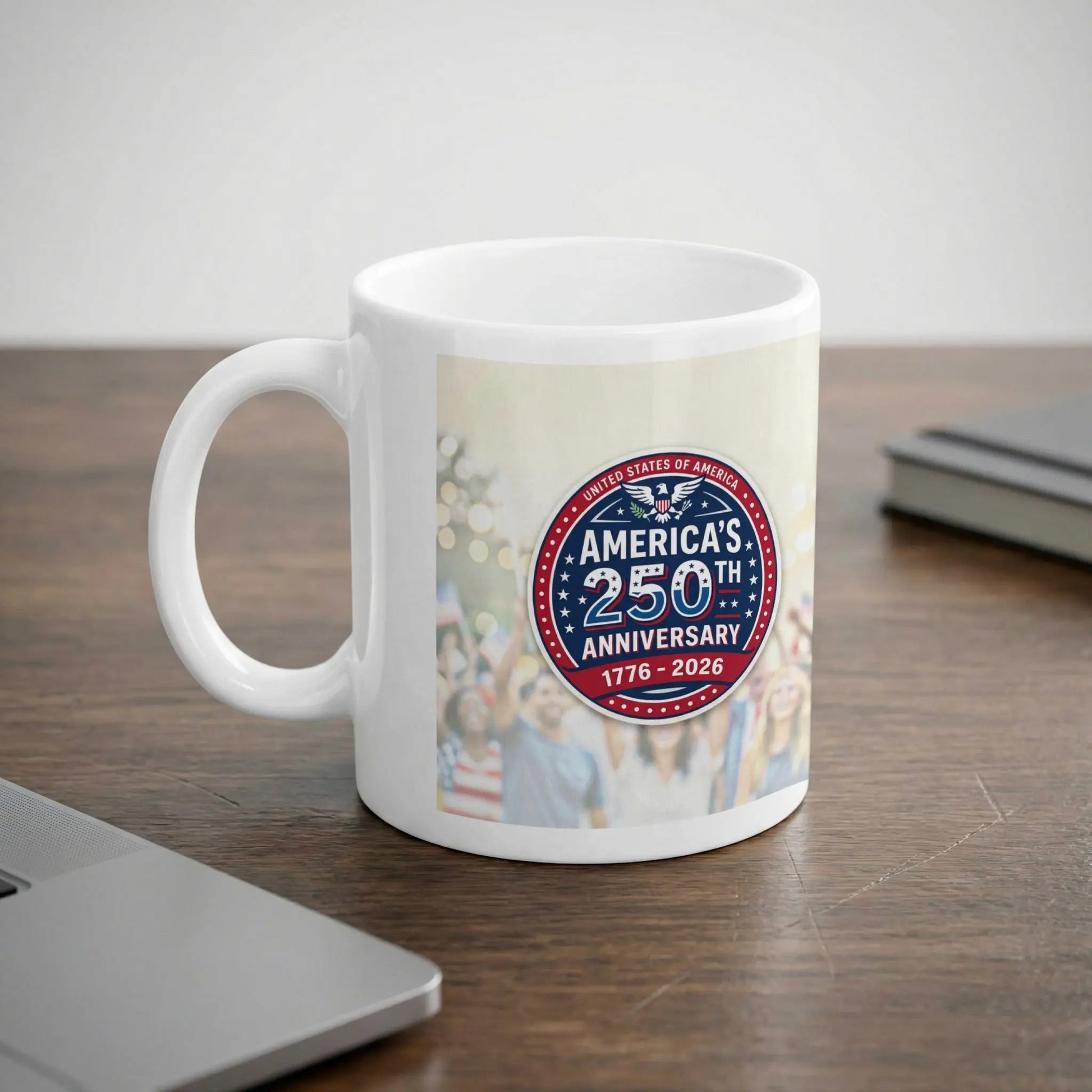 White ceramic mug with America's 250th Anniversary 1776-2026 logo.