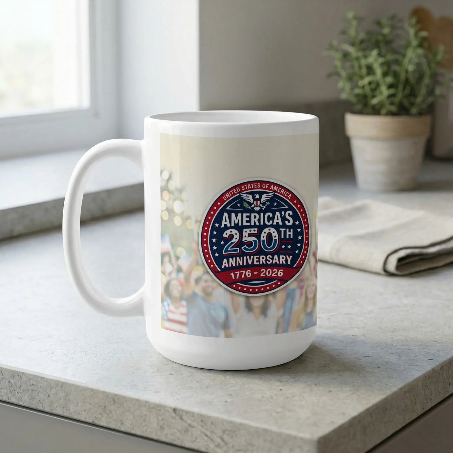 White mug featuring America's 250th Anniversary 1776-2026 graphic.