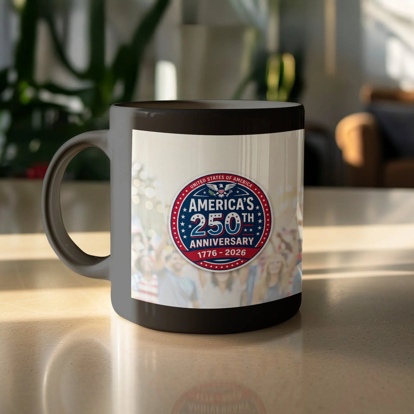 Mug with America's 250th Anniversary 1776-2026 logo and patriotic imagery.