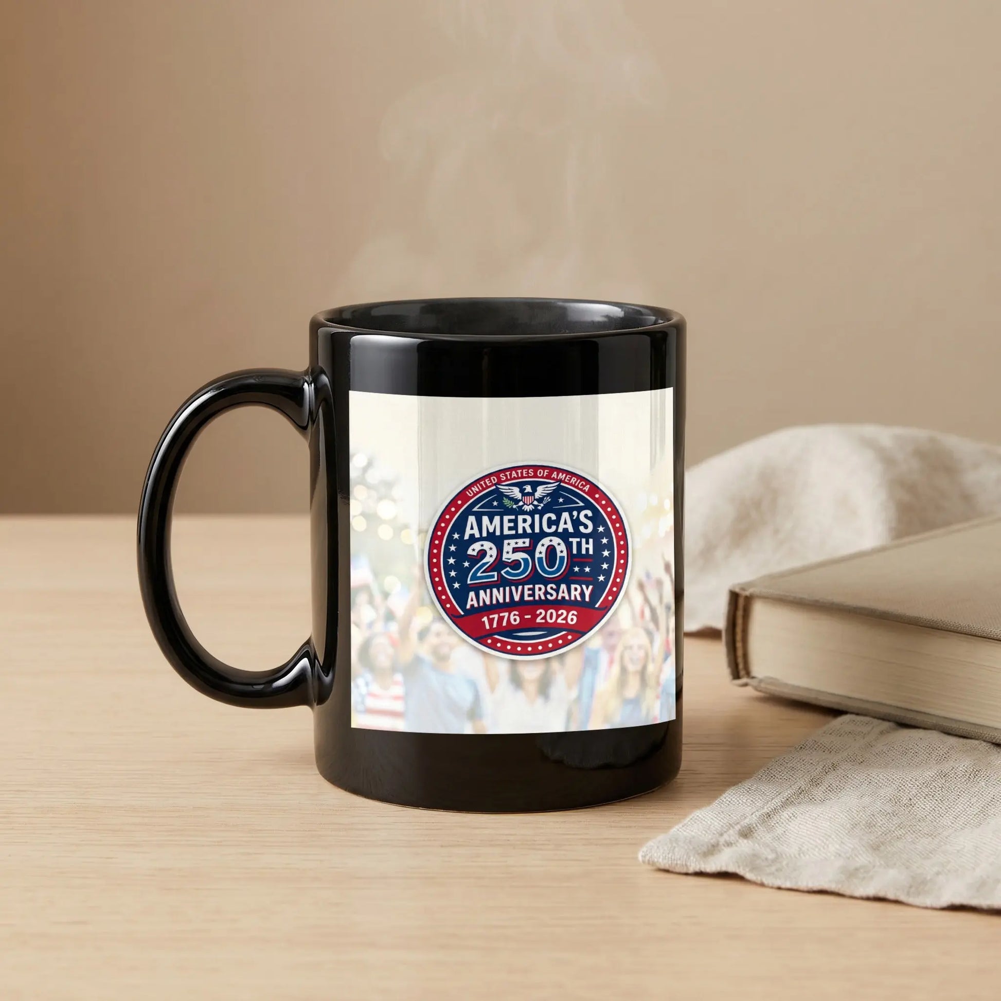 Black mug with America's 250th Anniversary 1776-2026 graphic.