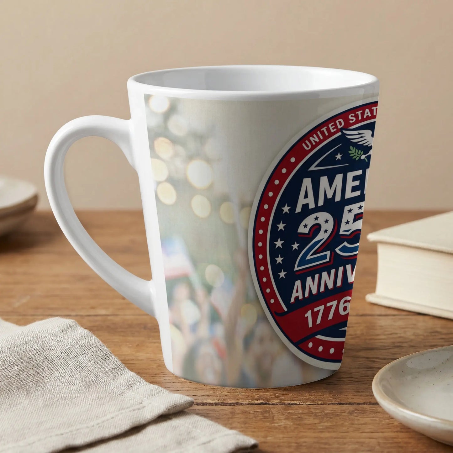White latte mug with "America 25th Anniversary 1776" text and patriotic emblem.