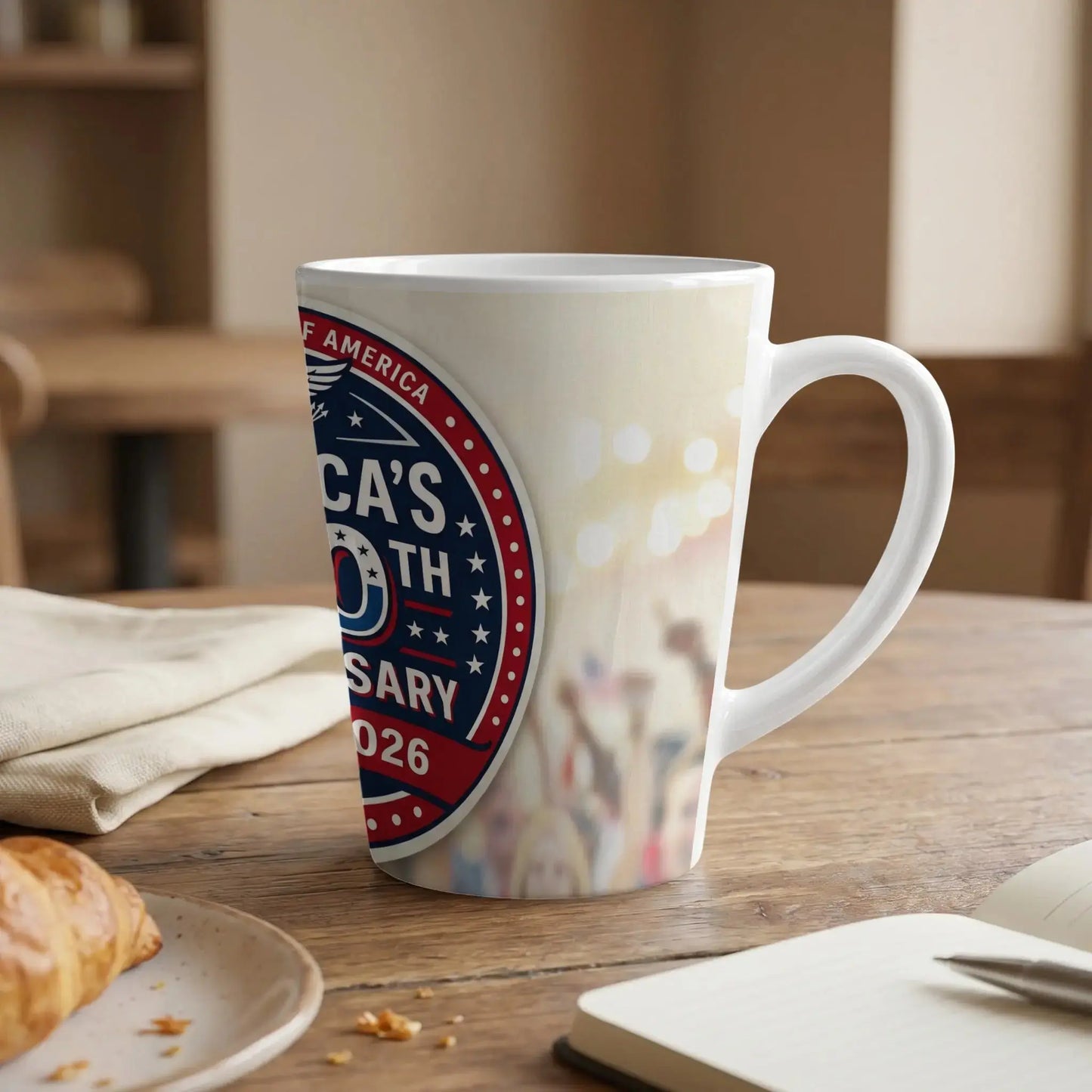 Mug with "America's 250th Anniversary 2026" text and patriotic emblem.