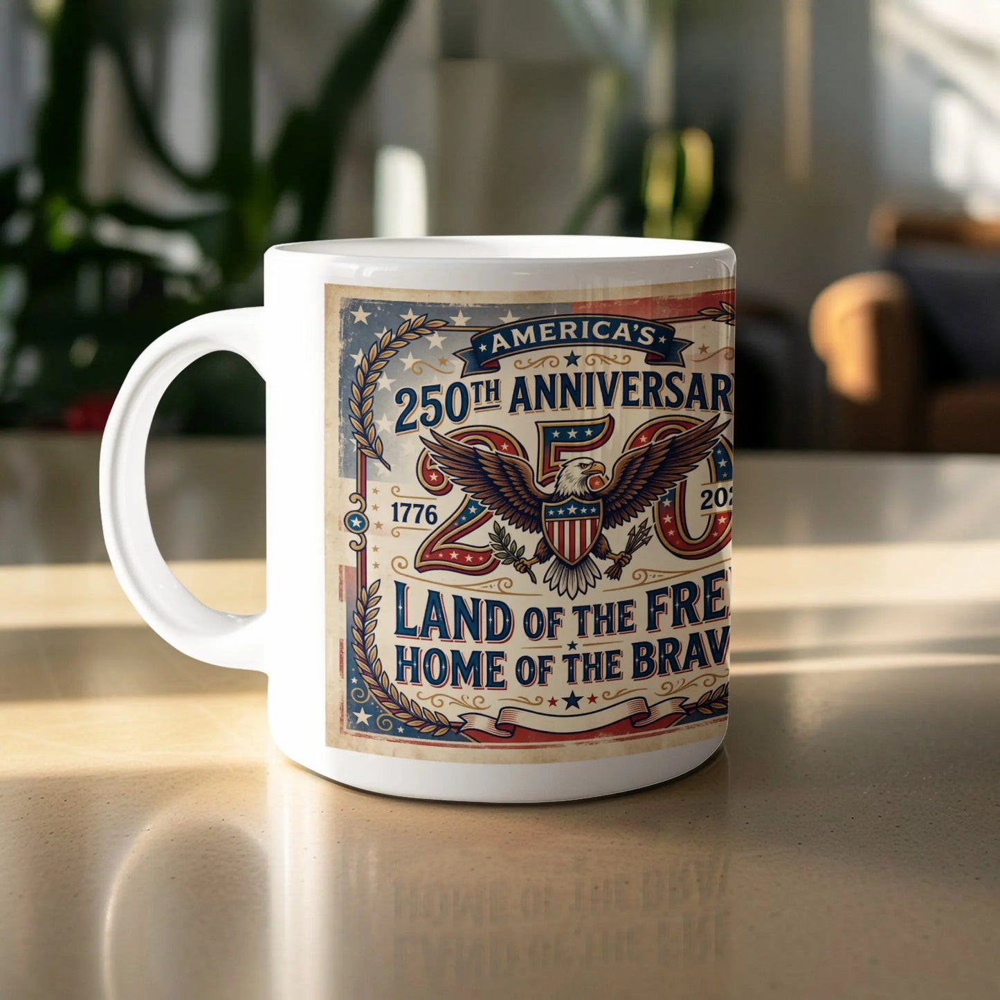 White mug with vintage American flag design celebrating 250th anniversary.