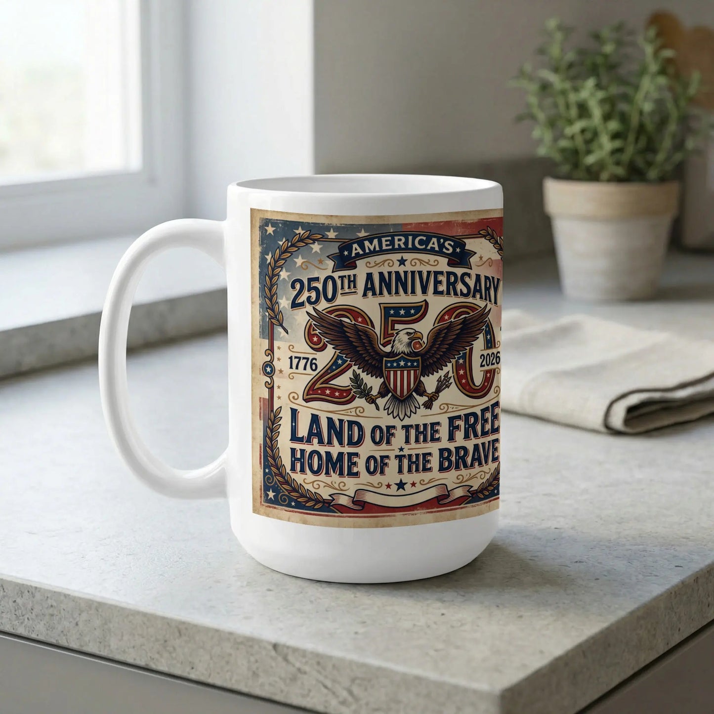 White mug with America's 250th Anniversary design featuring an eagle and patriotic text.
