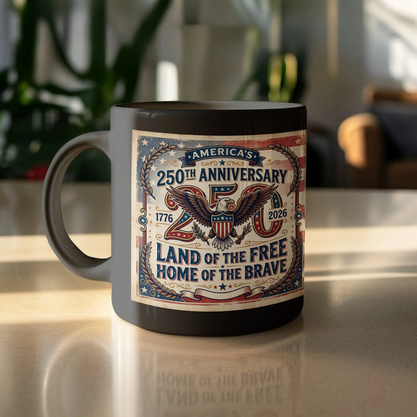 Mug with "America's 250th Anniversary" and eagle design, 1776-2026.