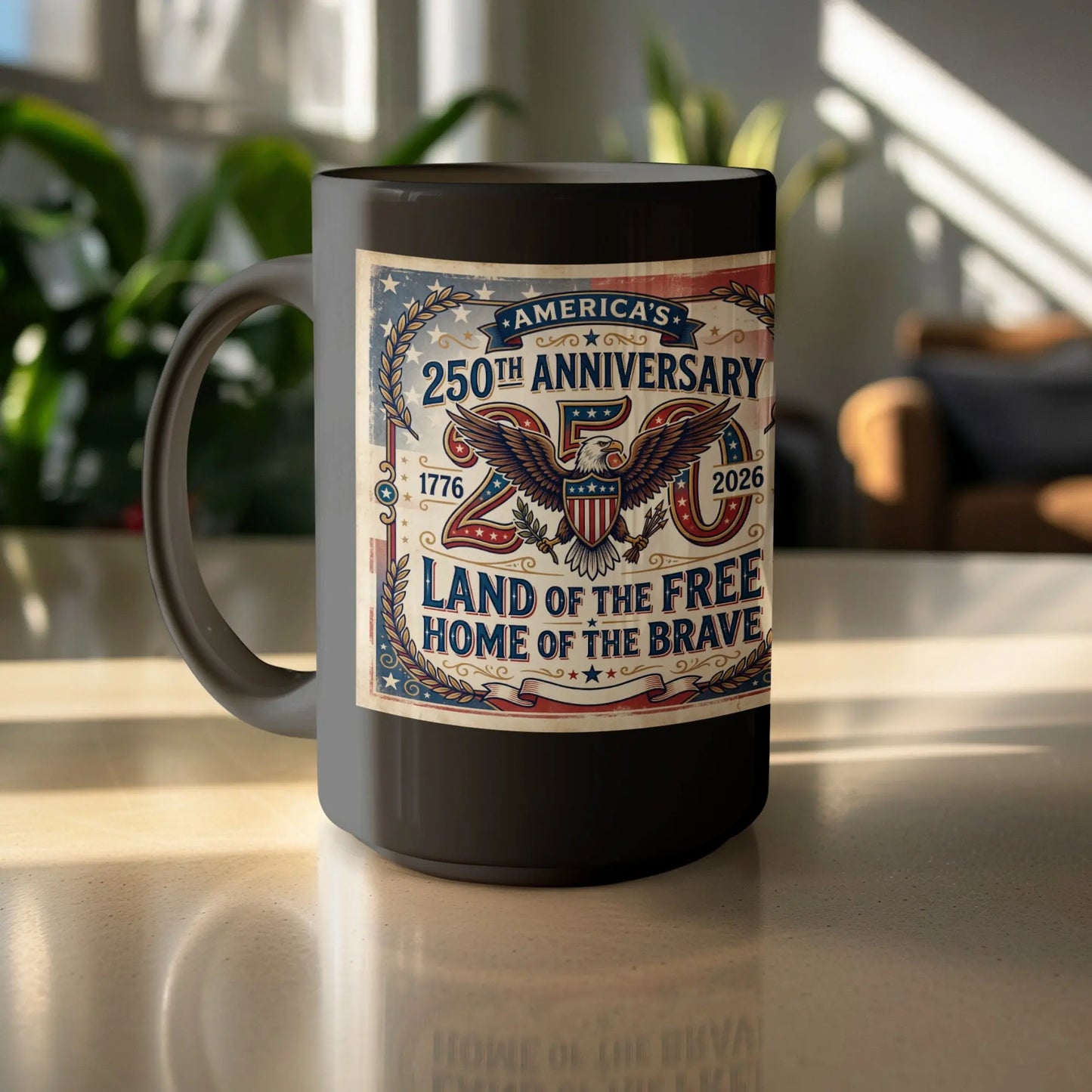 Black mug with America's 250th Anniversary patriotic design and eagle graphic.