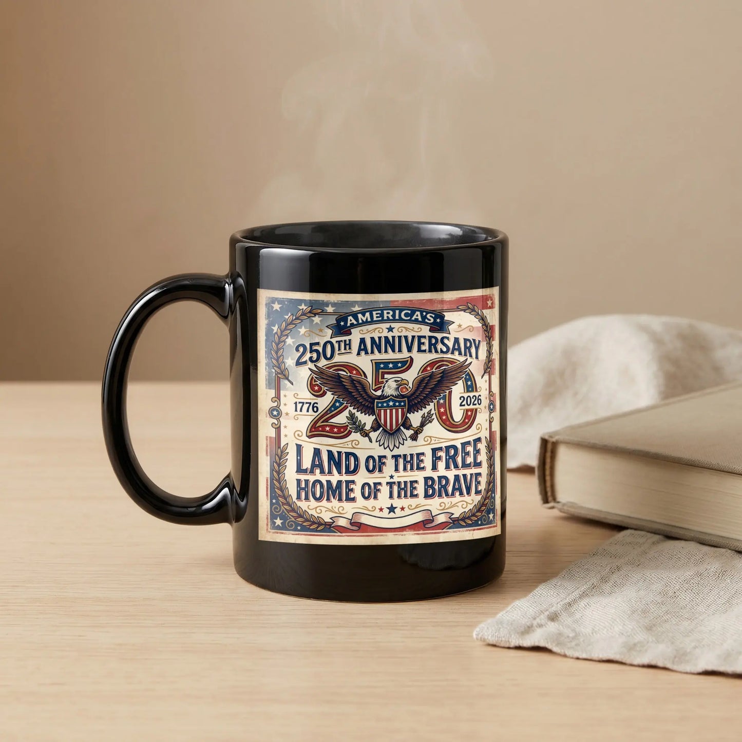 Black mug with America's 250th Anniversary design featuring an eagle, 1776-2026.