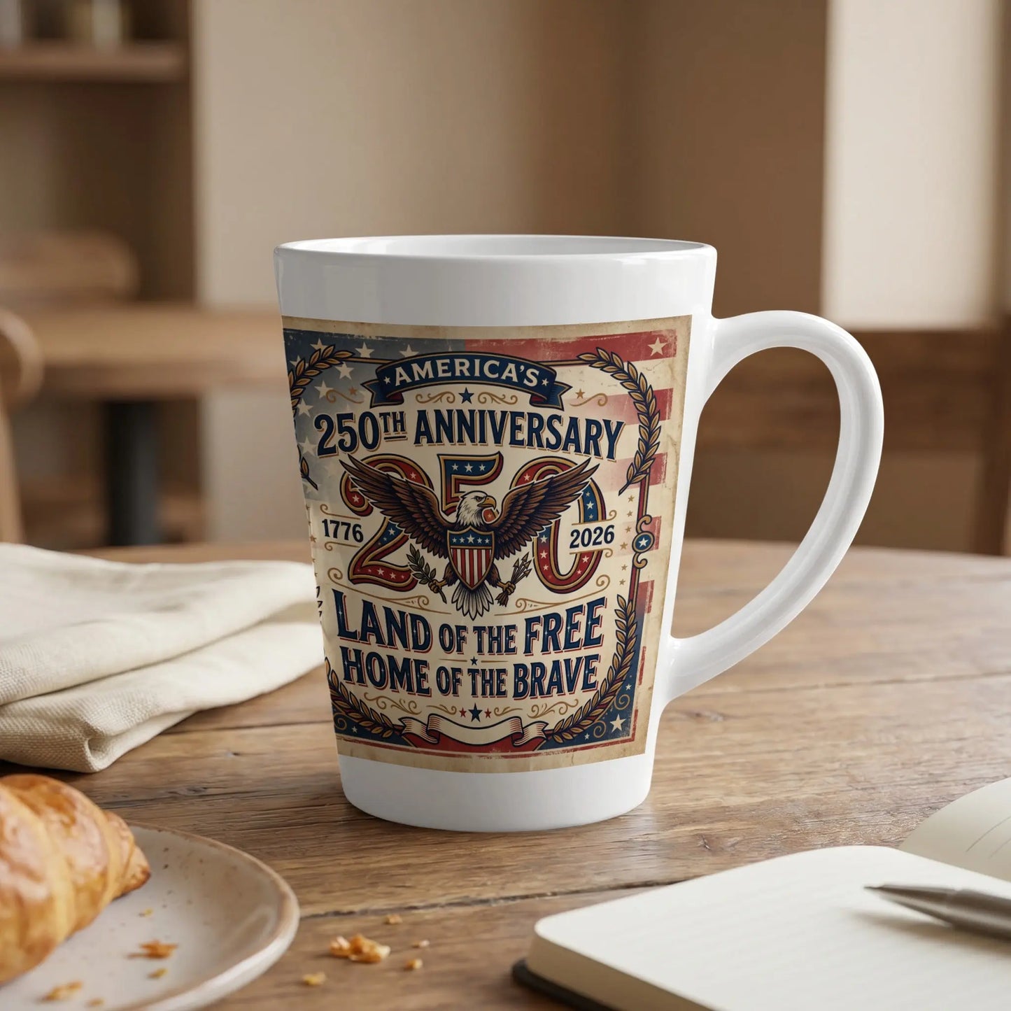 White mug with America's 250th Anniversary design, featuring an eagle and "Land of the Free."