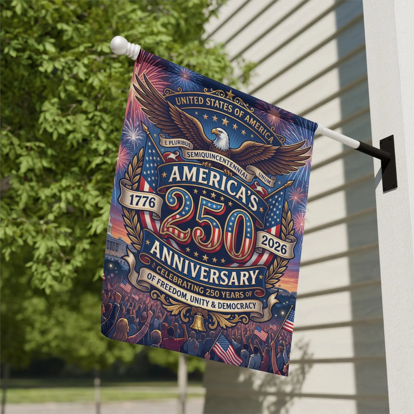 Flag with eagle, fireworks, and text: America's 250th Anniversary 1776-2026.