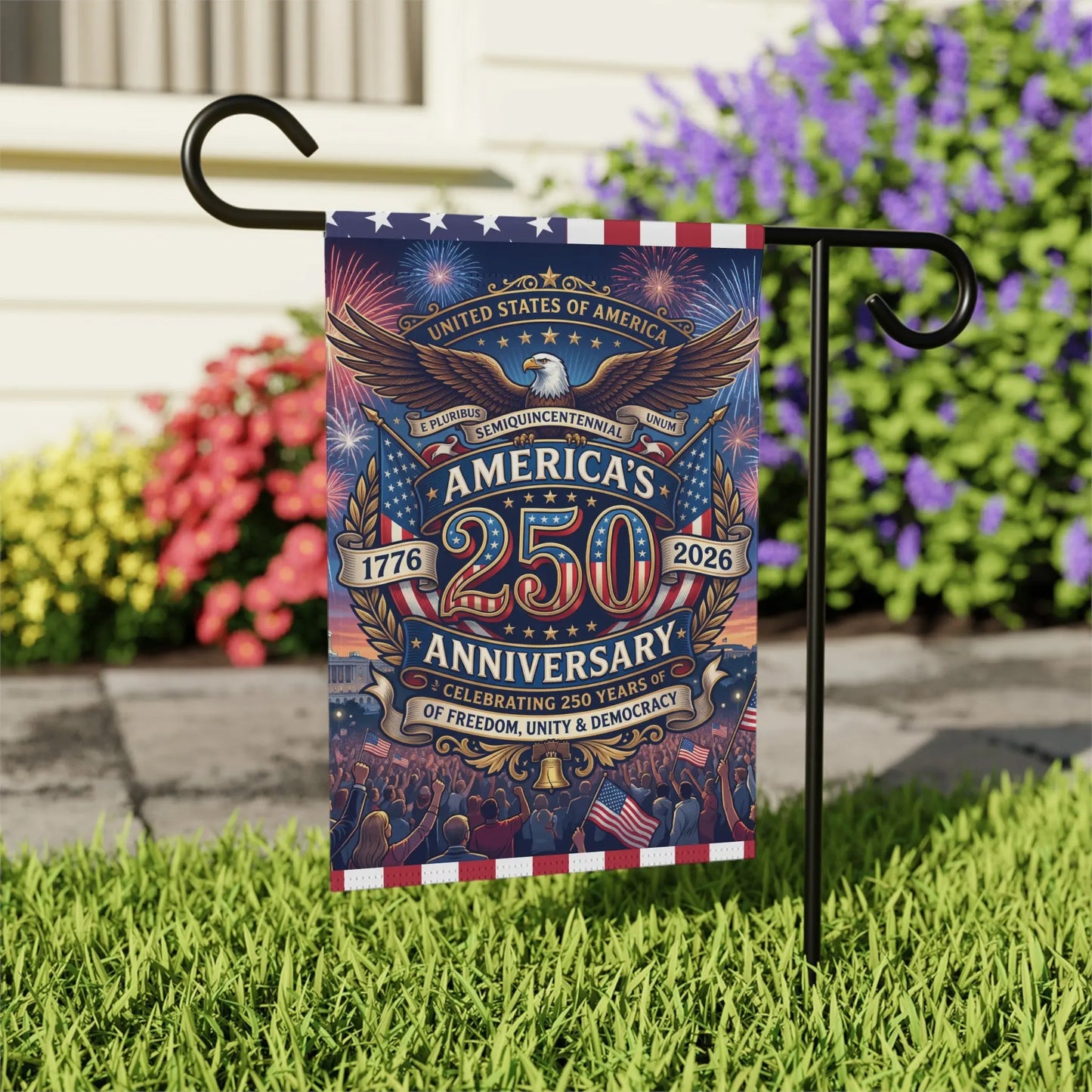 Flag celebrating America's 250th Anniversary with eagle, fireworks, and crowd.