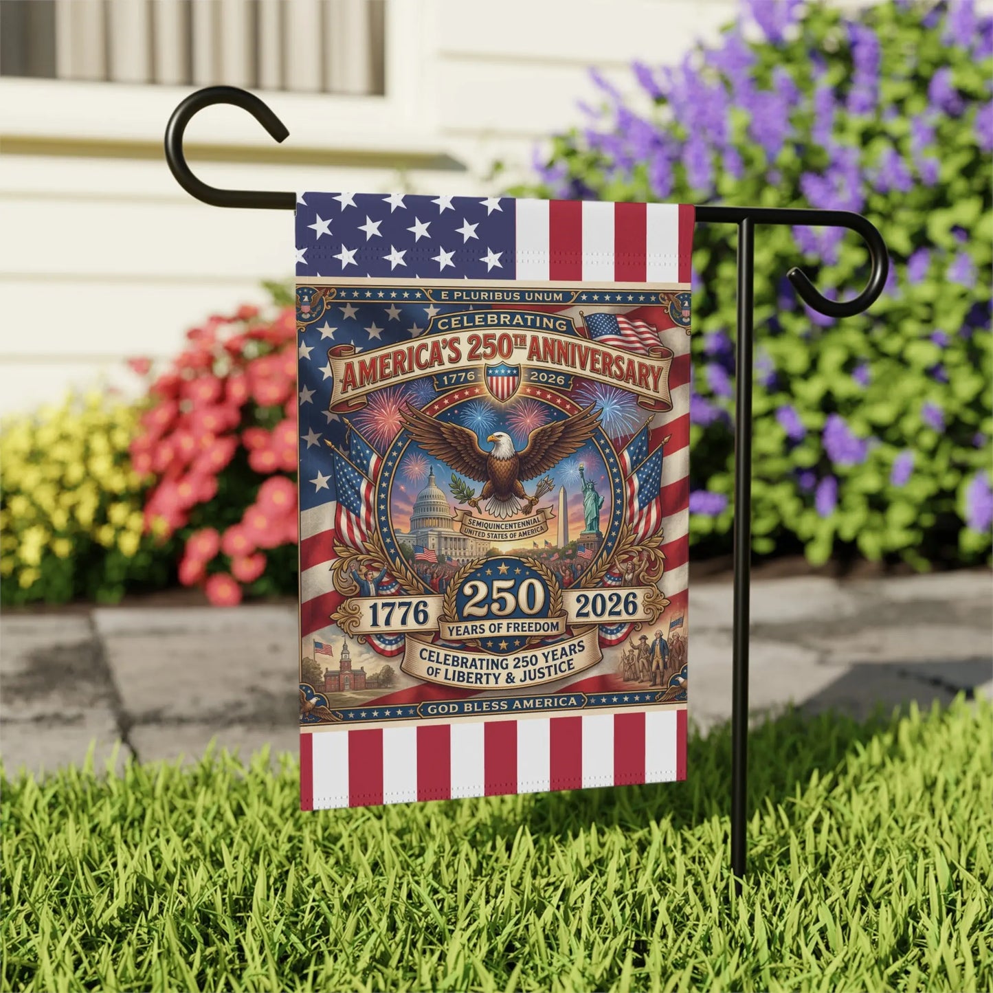 Garden flag celebrating America's 250th anniversary with eagle, landmarks, and patriotic imagery.