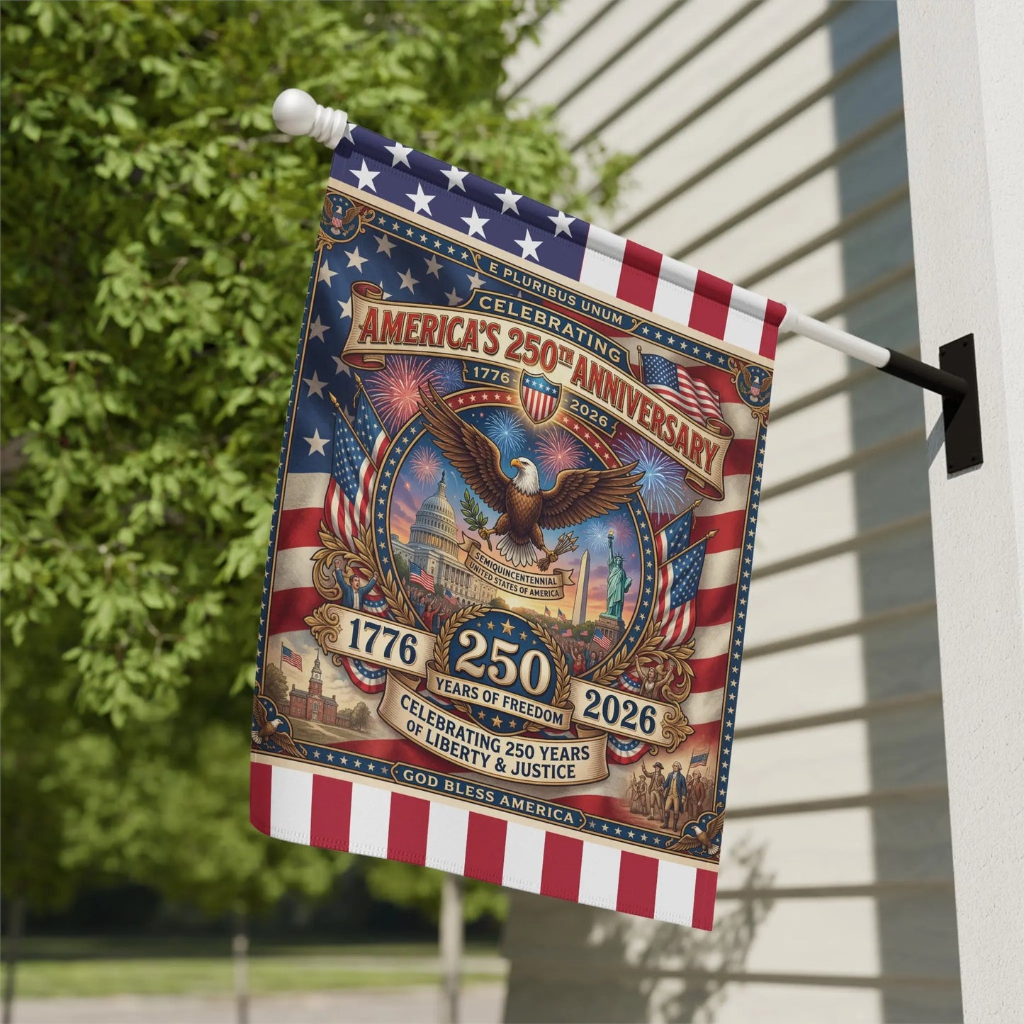 American flag celebrating 250th anniversary from 1776 to 2026.