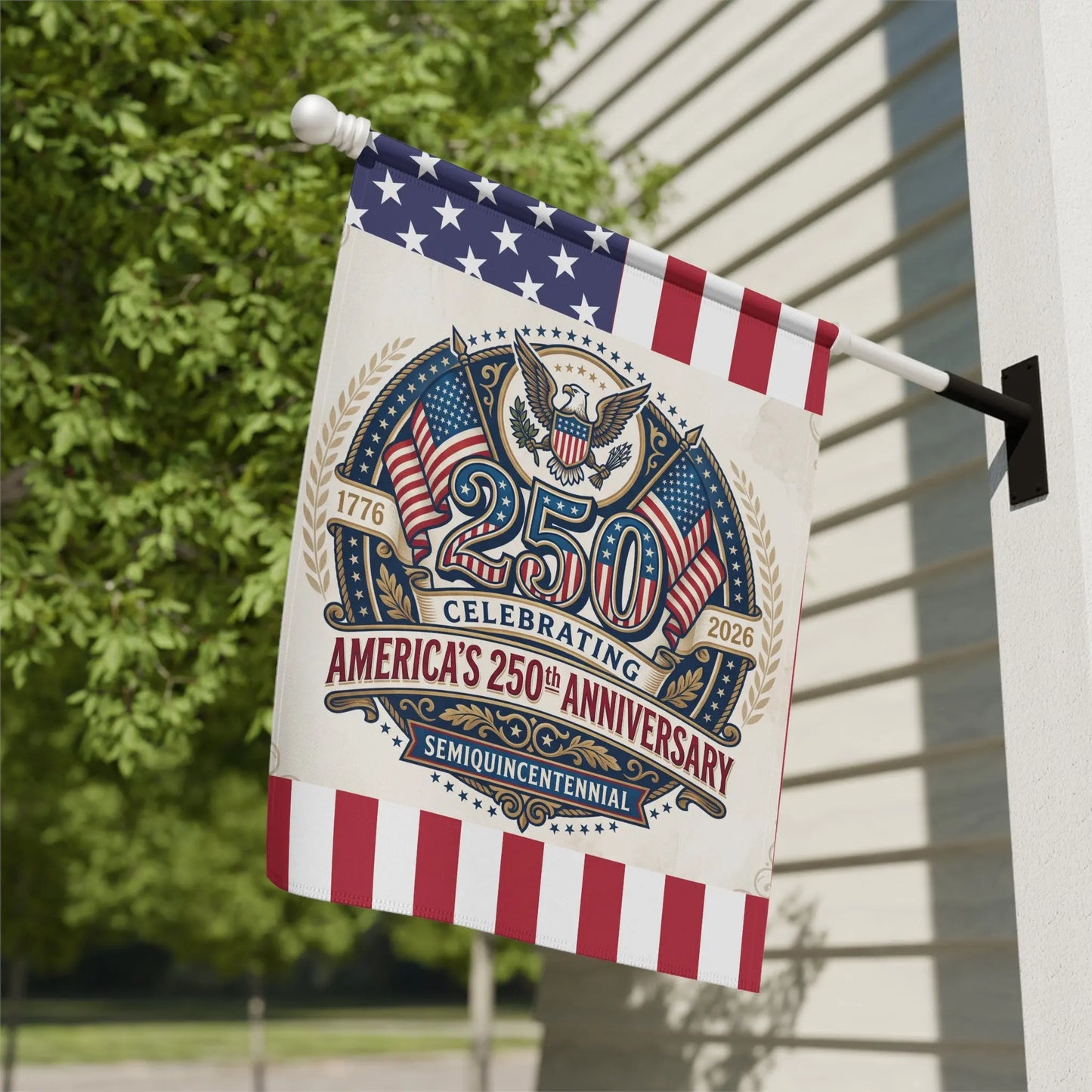 Flag celebrating America's 250th anniversary with "250 SEMIQUINCENTENNIAL" text.