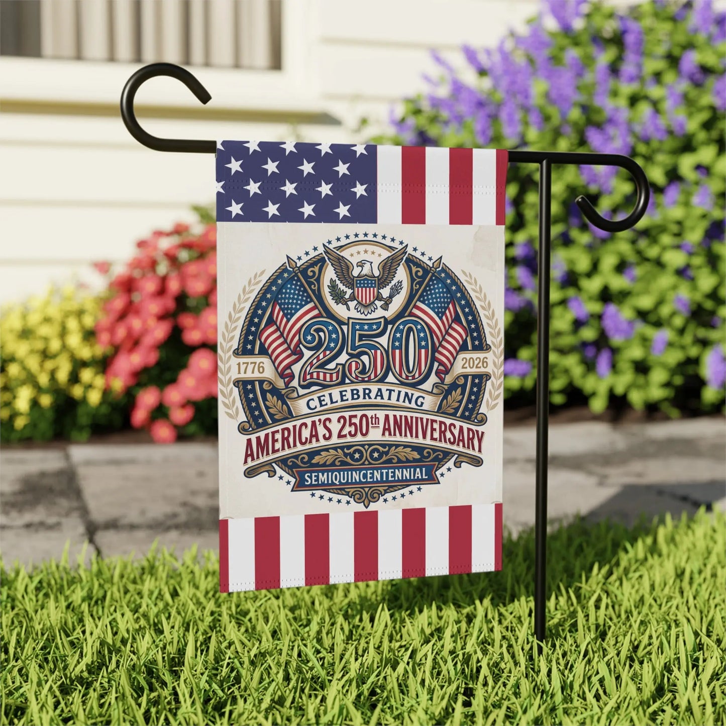 Flag celebrating America's 250th Anniversary with eagle and US flags.