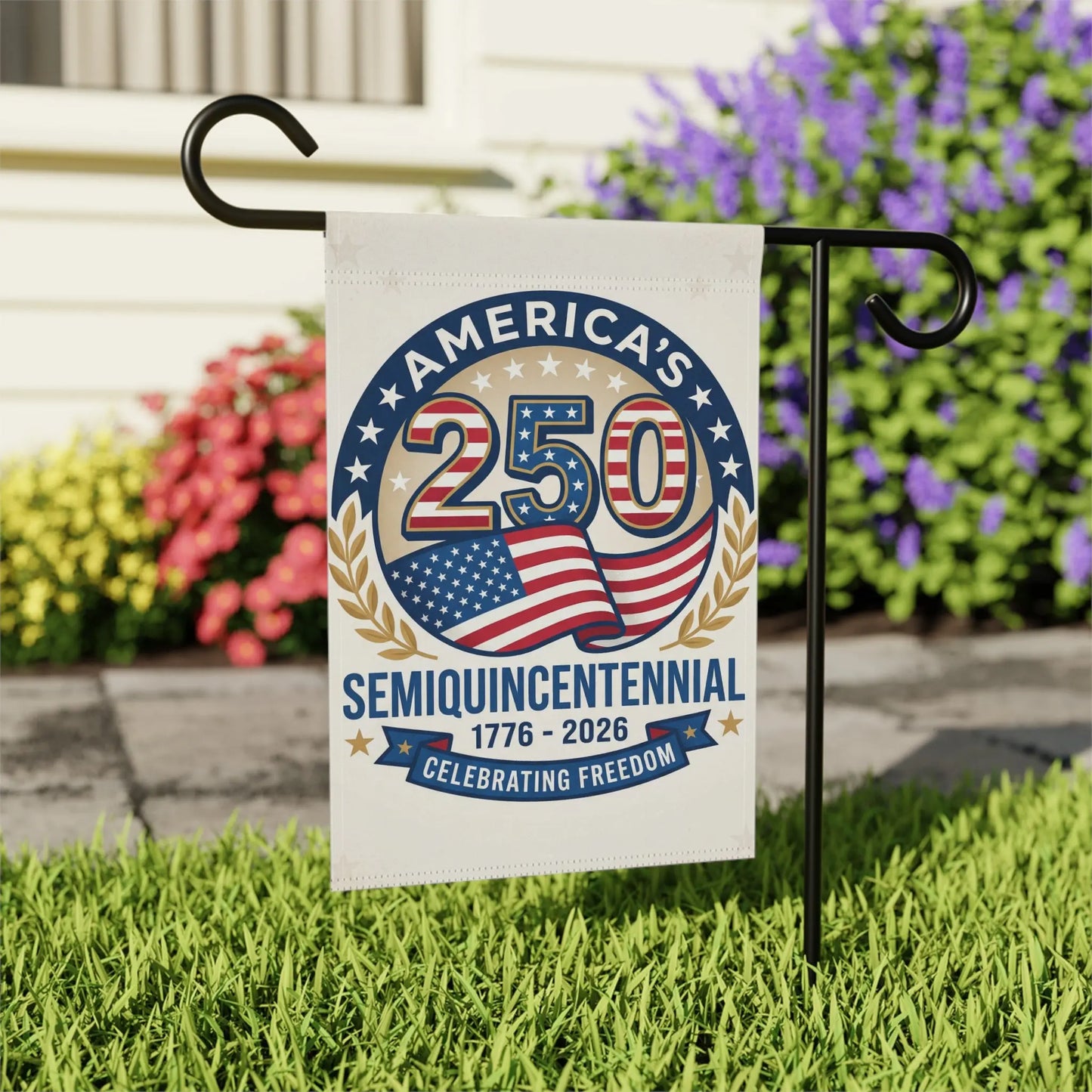 Garden flag celebrating America's 250 Semiquincentennial with the US flag and "Celebrating Freedom".