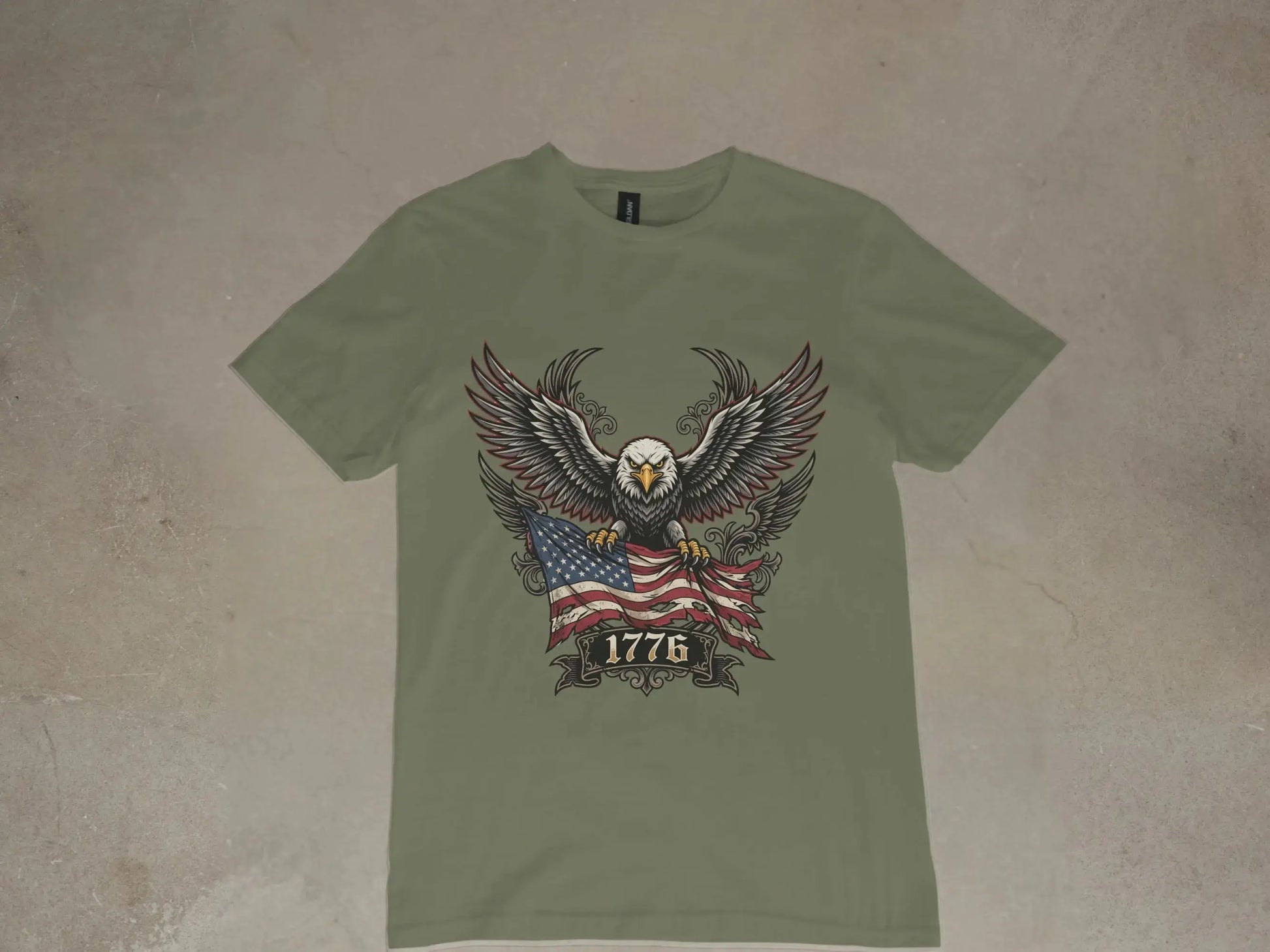 Green t-shirt with an eagle holding an American flag and the text "1776".