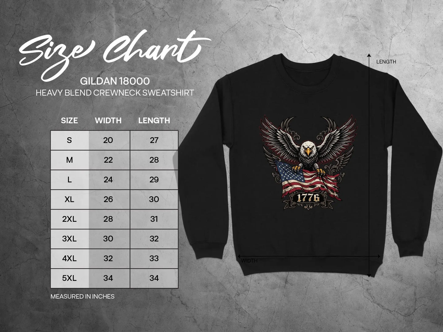 Gildan 18000 Heavy Blend sweatshirt size chart with eagle and American flag design.