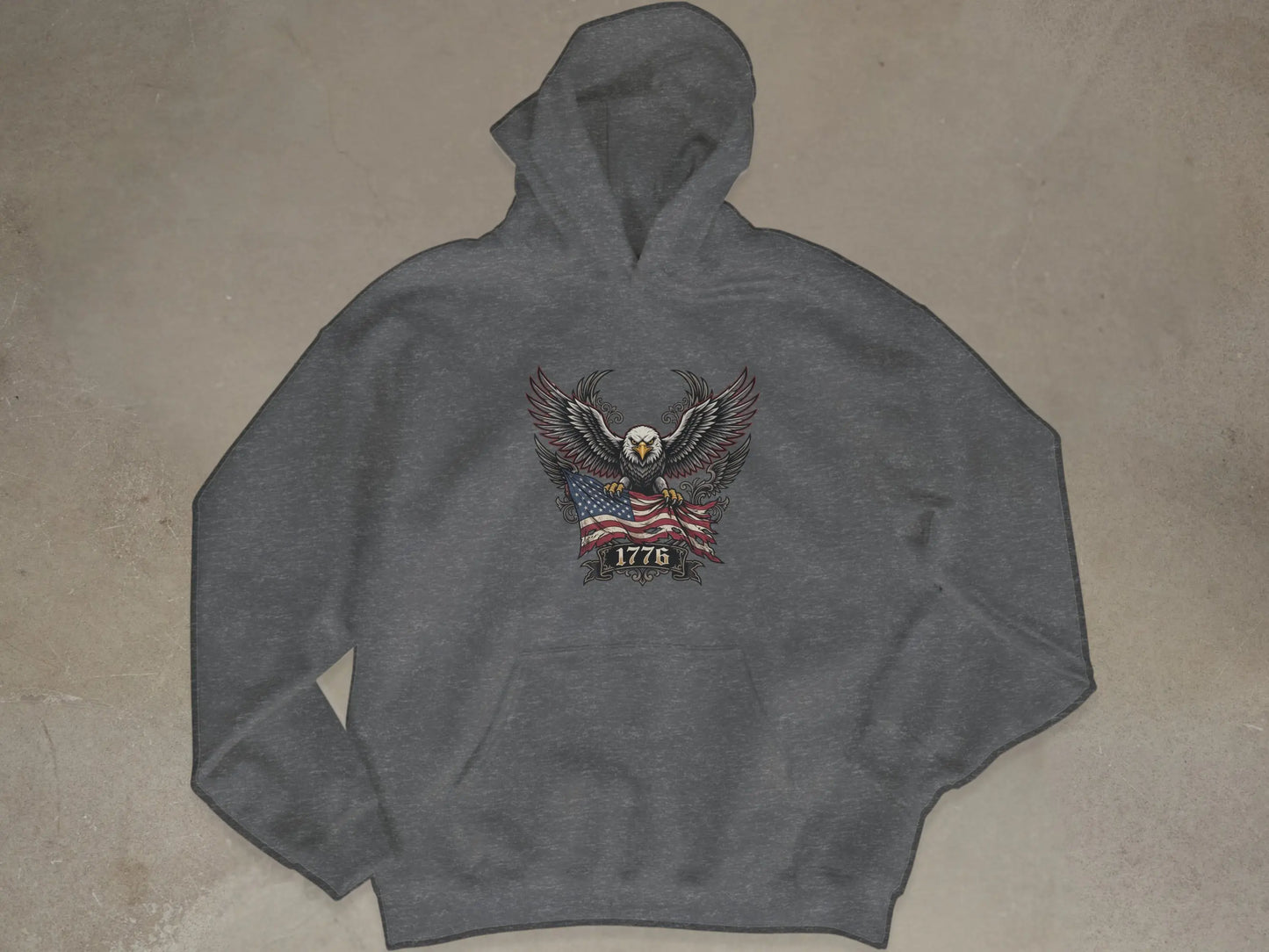 Grey hoodie with eagle, American flag, and "1776" graphic.