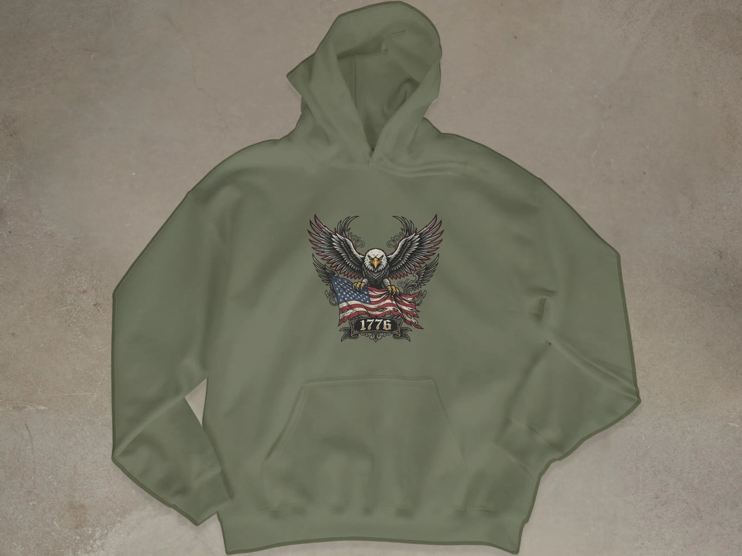 Green hoodie with eagle, American flag, and "1776" graphic on chest.