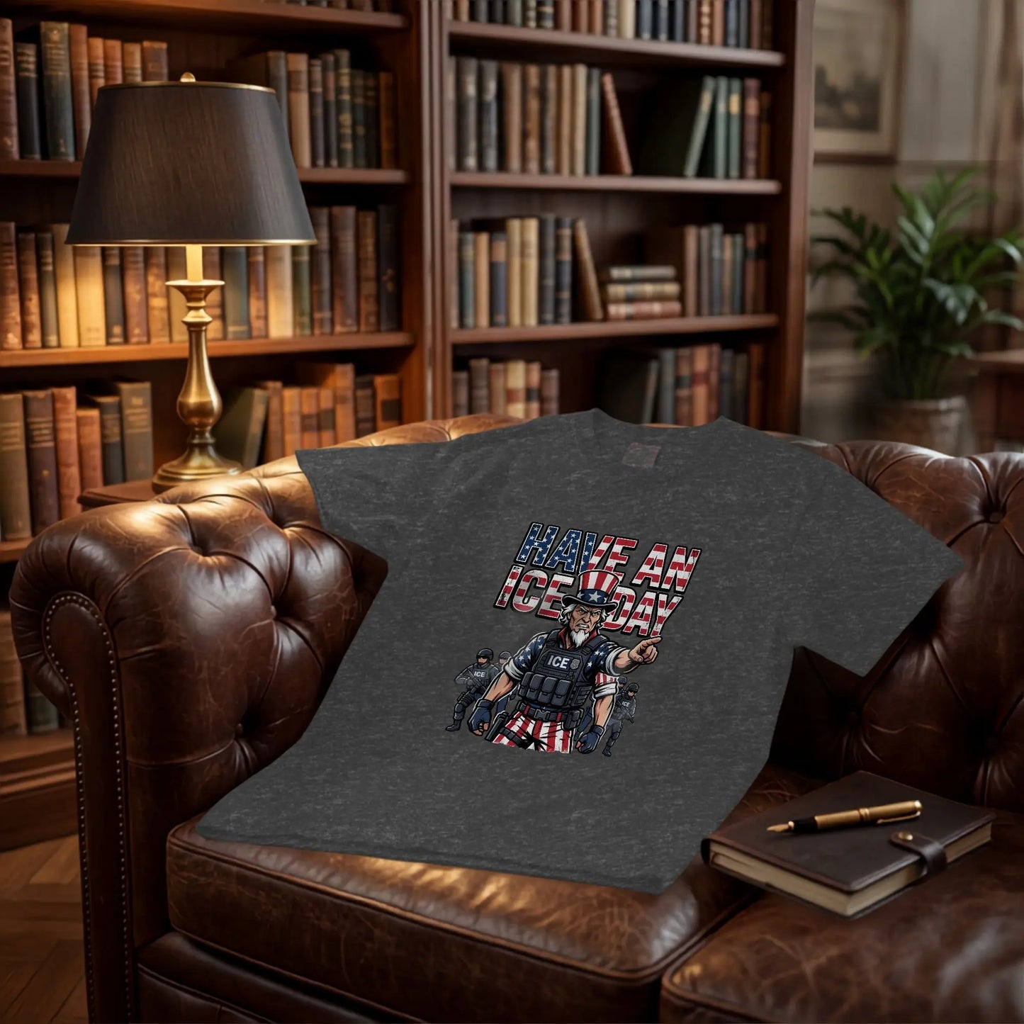 Dark t-shirt with cartoon graphic of Uncle Sam and ICE agents, text "HAVE AN ICE DAY".