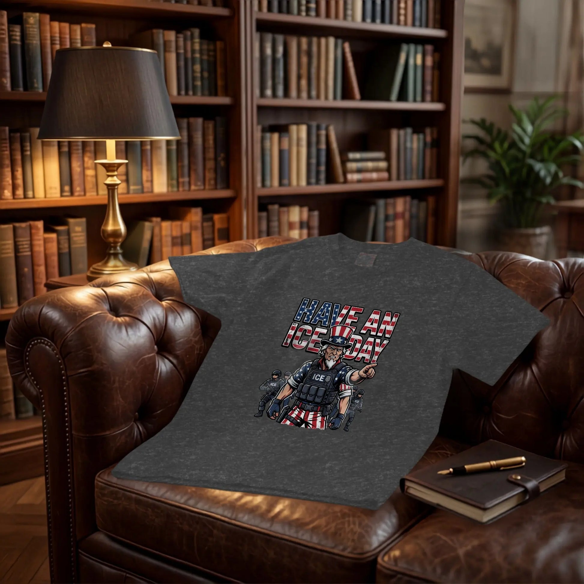 Dark t-shirt with cartoon graphic of Uncle Sam and ICE agents, text "HAVE AN ICE DAY".