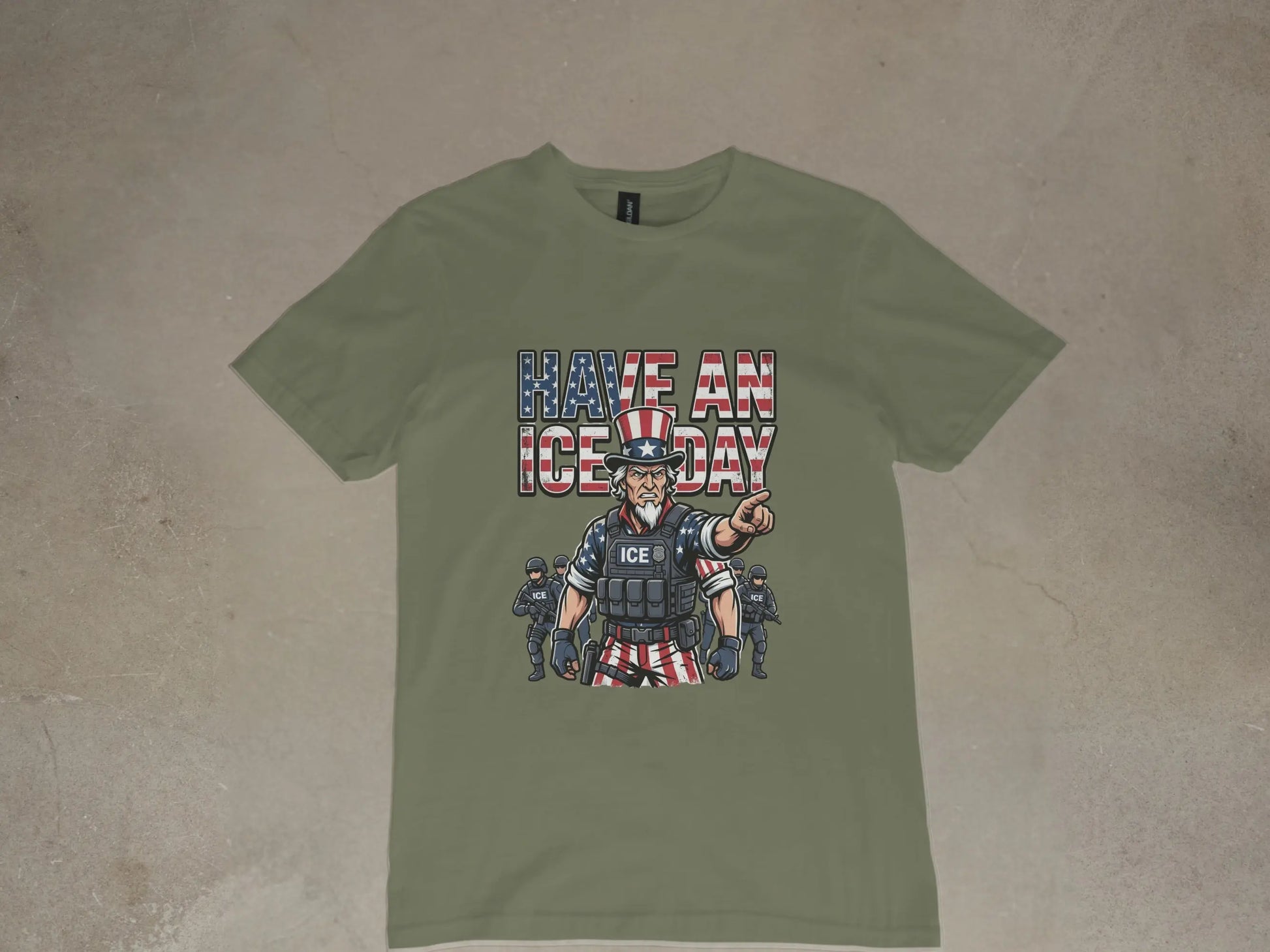 T-shirt graphic with Uncle Sam pointing and text "HAVE AN ICE DAY" with officers.