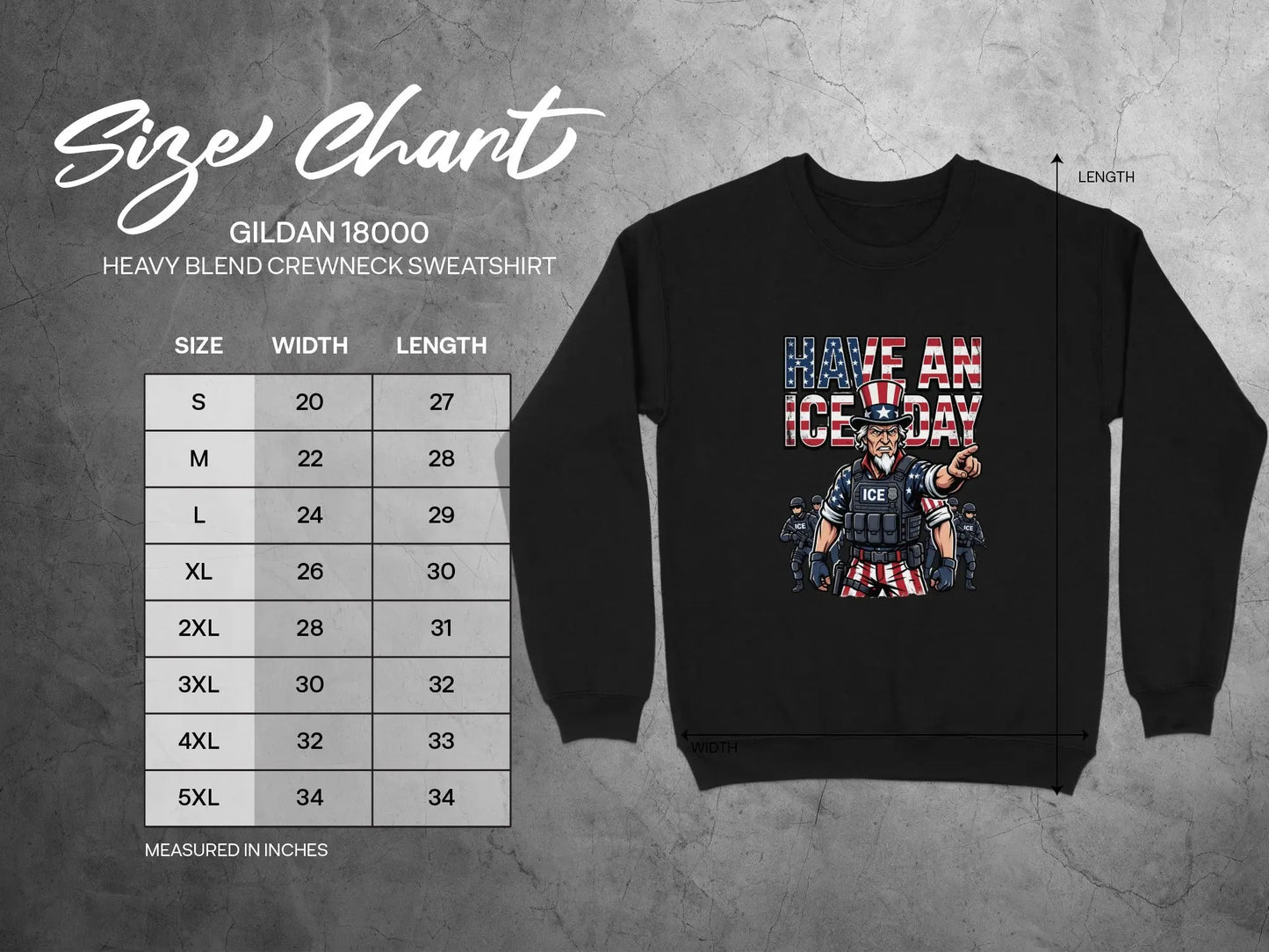 Gildan 18000 sweatshirt size chart showing width and length measurements in inches.
