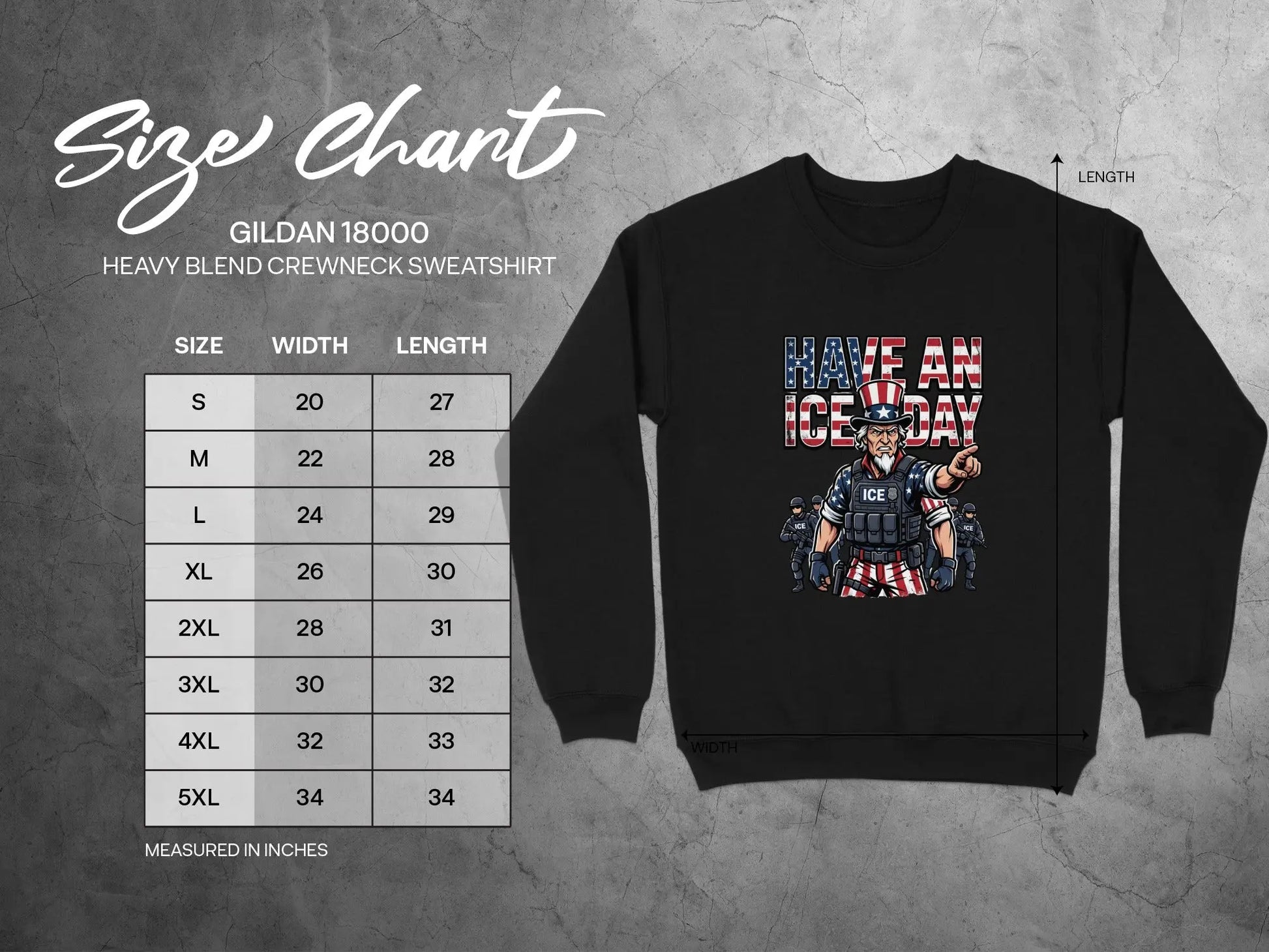 Gildan 18000 sweatshirt size chart showing width and length measurements in inches.