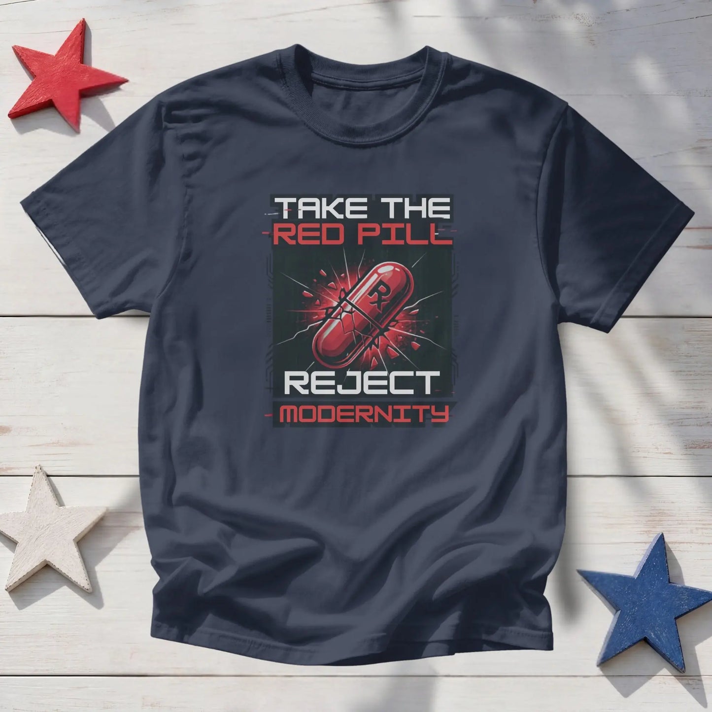 Navy t-shirt with graphic of a red pill, text "Take the Red Pill Reject Modernity".