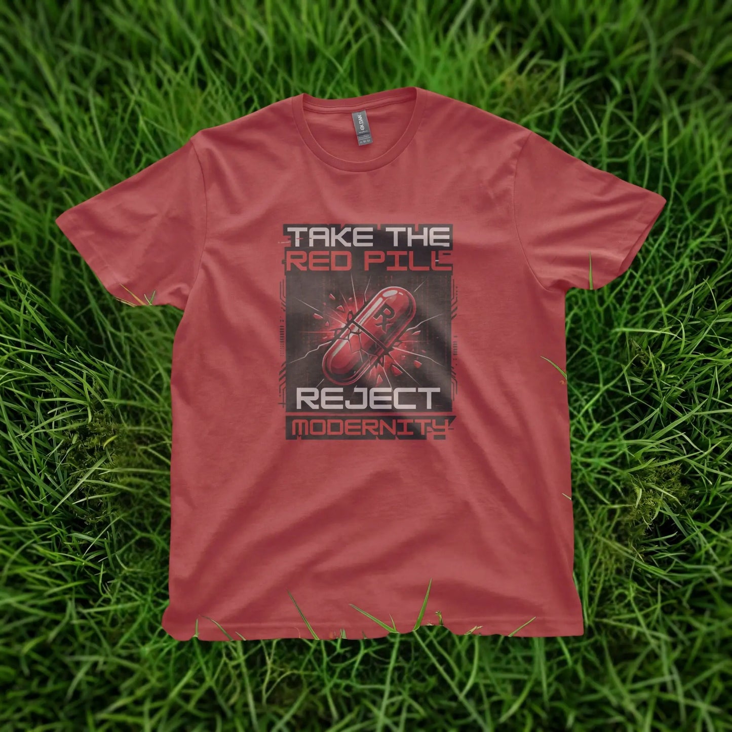 Red t-shirt with "Take the Red Pill Reject Modernity" text and a shattered pill graphic.